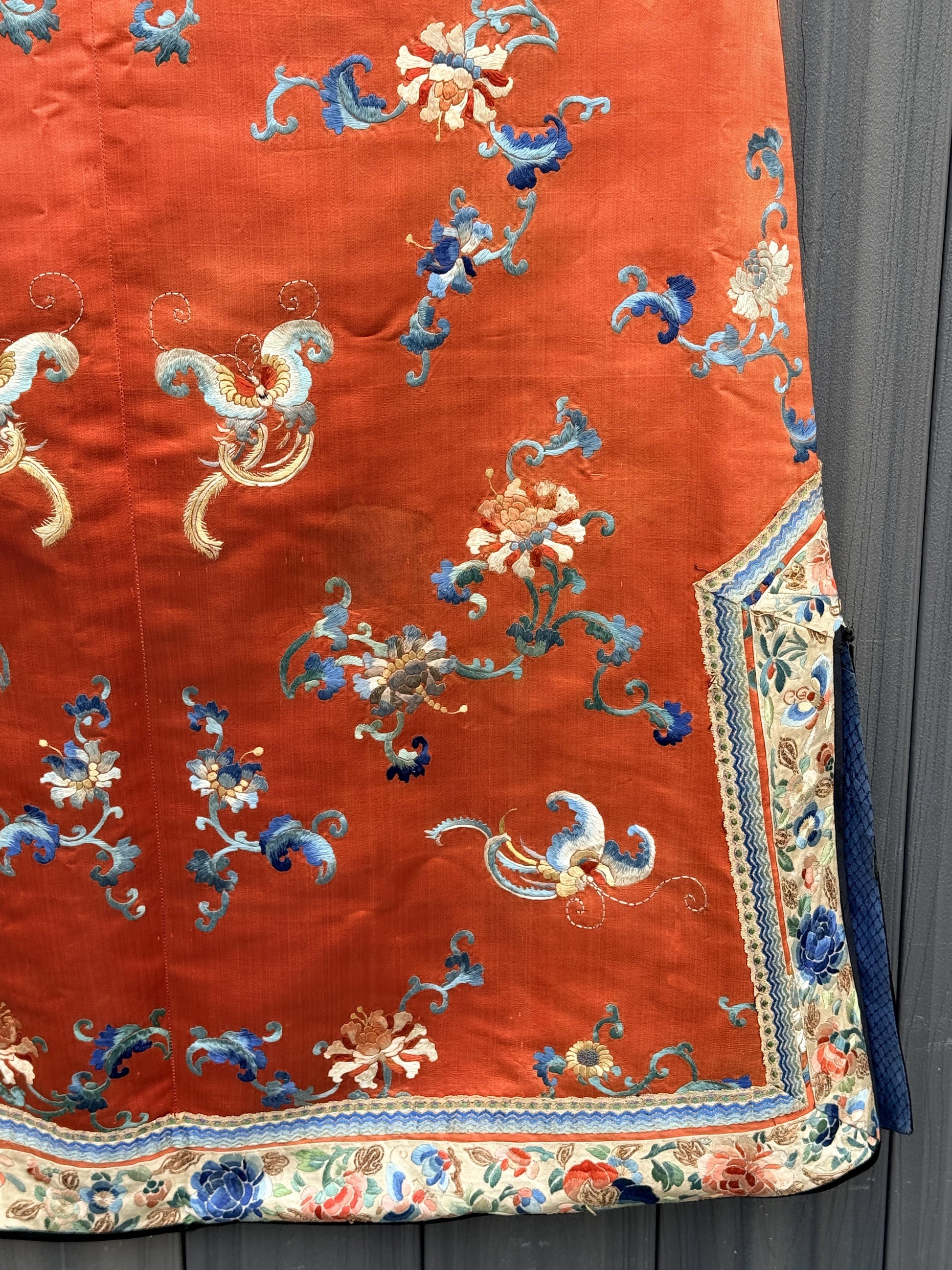Antique Late Qing Dynasty Embroidered Silk Informal Robe - Coral Orange 1880s