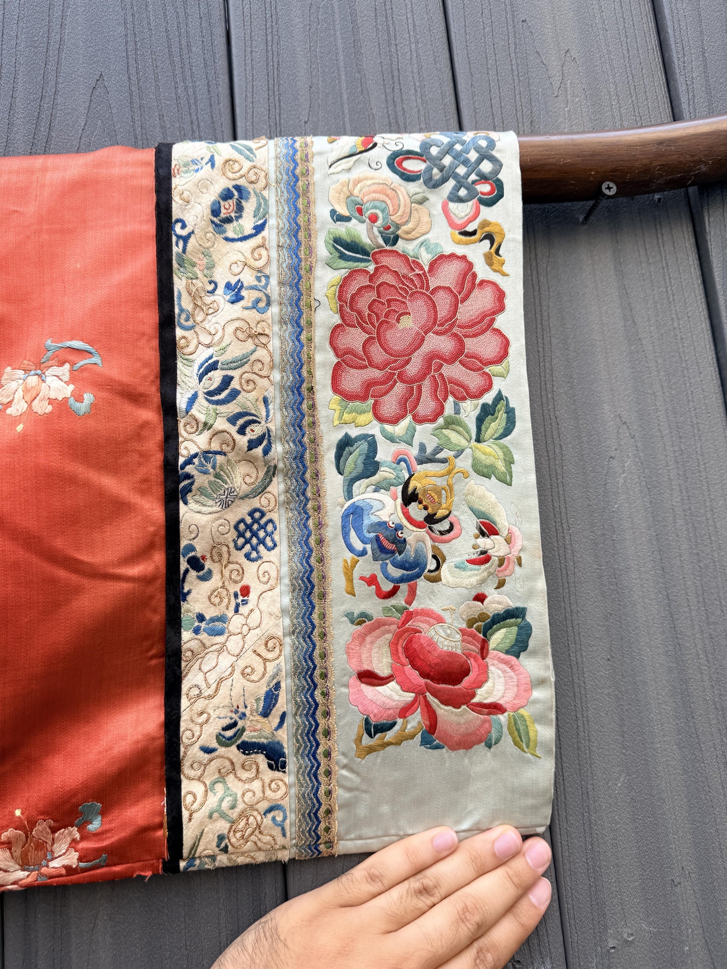 Antique Late Qing Dynasty Embroidered Silk Informal Robe - Coral Orange 1880s