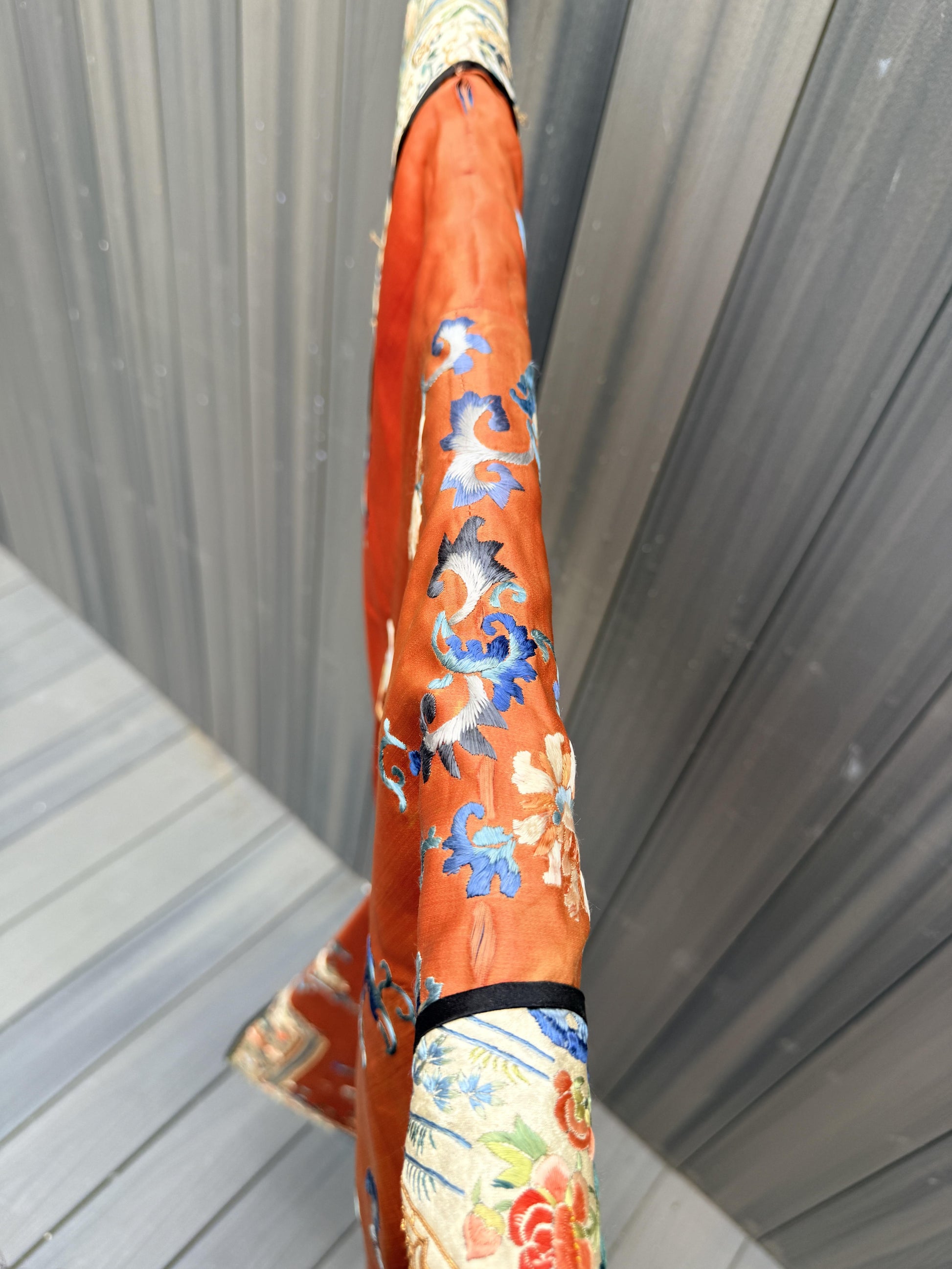 Antique Late Qing Dynasty Embroidered Silk Informal Robe - Coral Orange 1880s