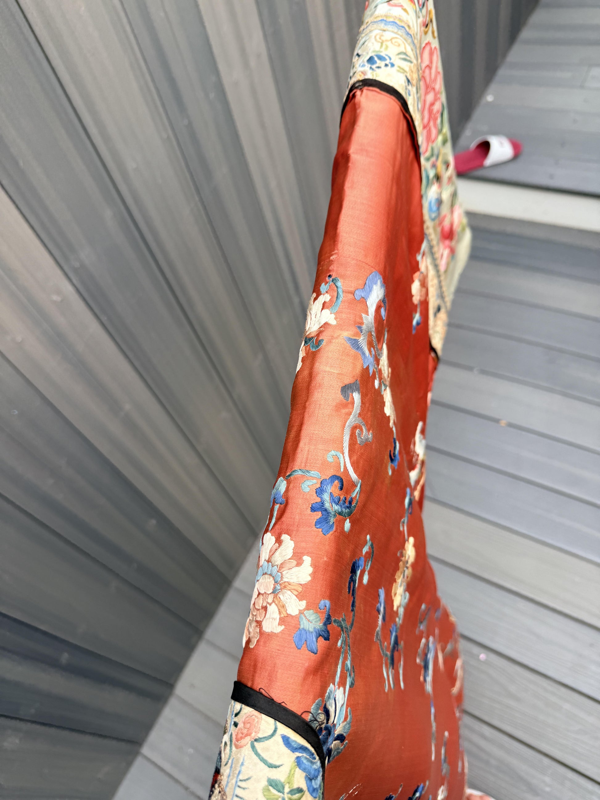 Antique Late Qing Dynasty Embroidered Silk Informal Robe - Coral Orange 1880s