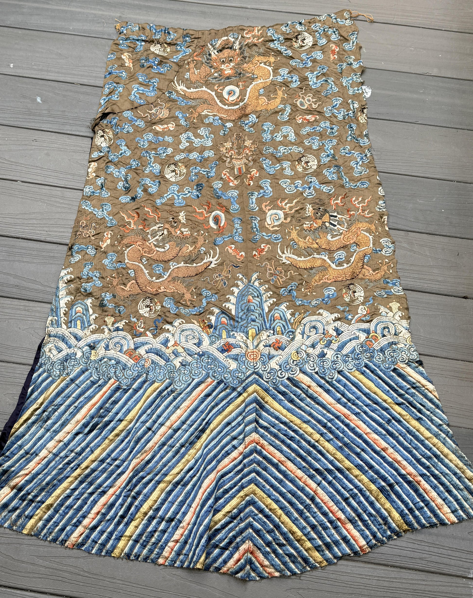 Antique Qing Dynasty Embroidered Silk Dragon Robe Textile Fragment - 19th C.