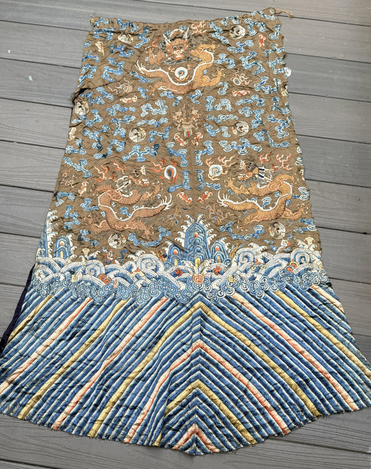 Antique Qing Dynasty Embroidered Silk Dragon Robe Textile Fragment - 19th C.