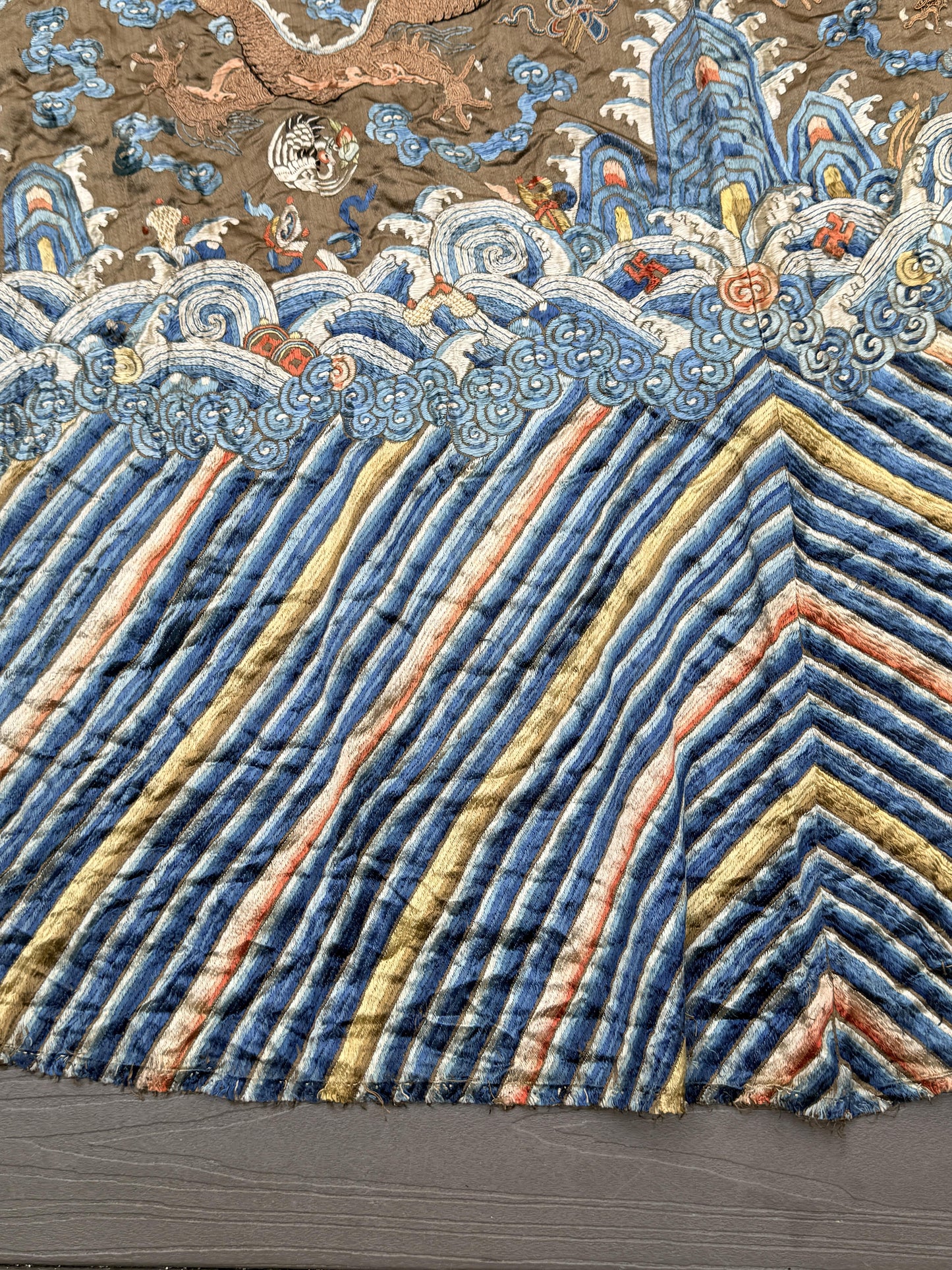 Antique Qing Dynasty Embroidered Silk Dragon Robe Textile Fragment - 19th C.