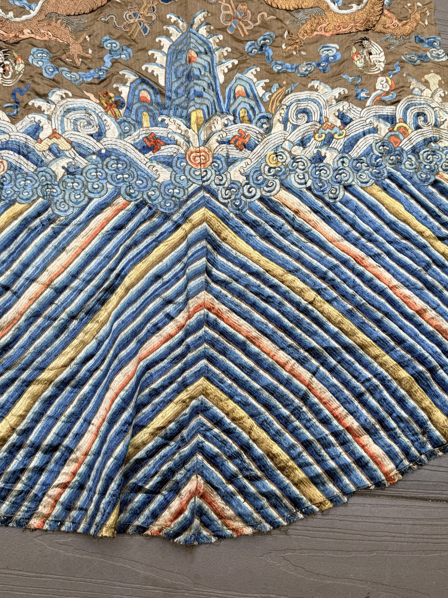 Antique Qing Dynasty Embroidered Silk Dragon Robe Textile Fragment - 19th C.