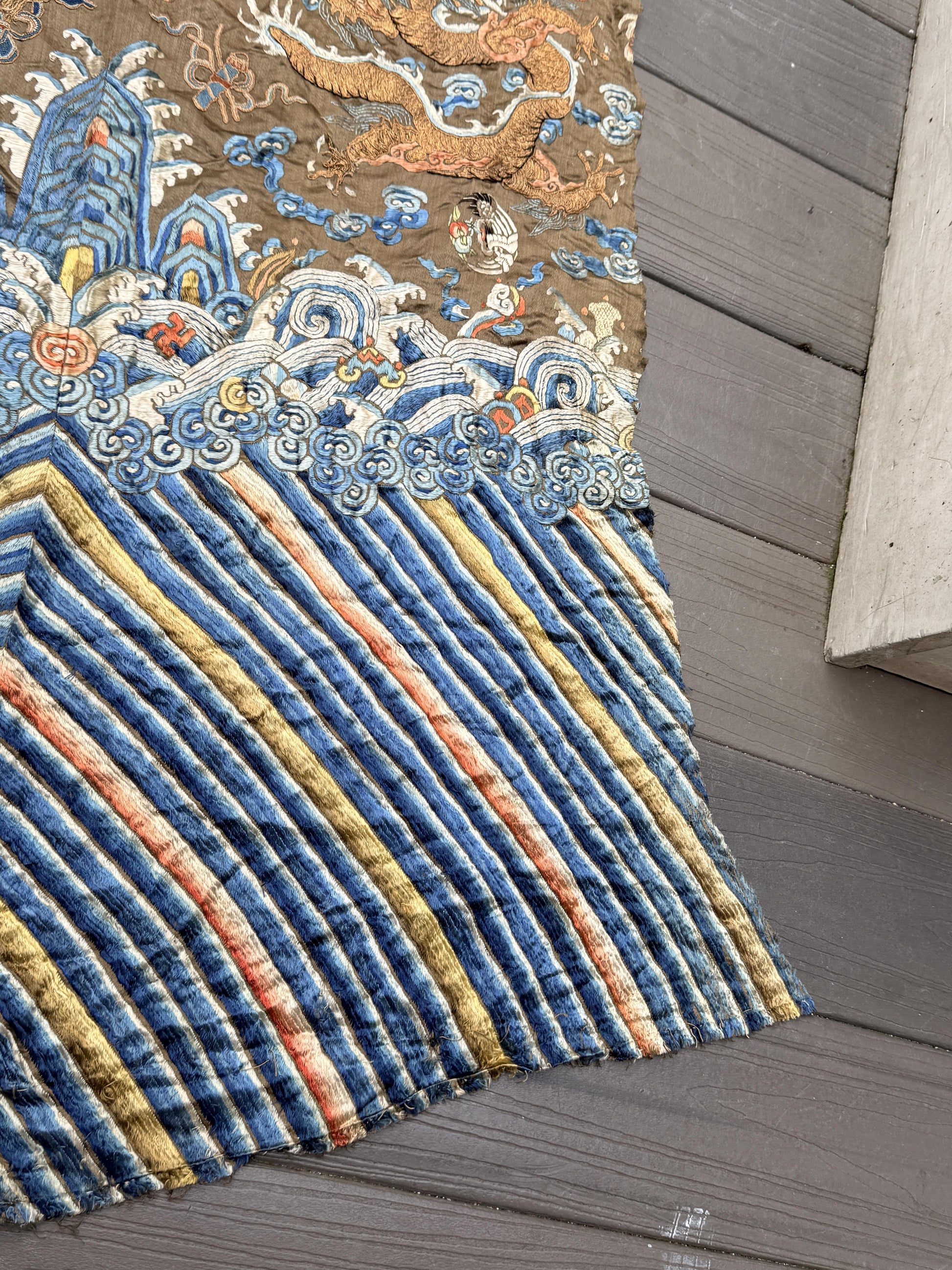 Antique Qing Dynasty Embroidered Silk Dragon Robe Textile Fragment - 19th C.