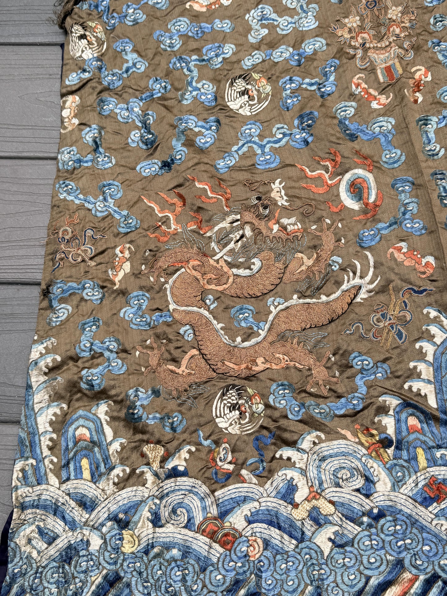 Antique Qing Dynasty Embroidered Silk Dragon Robe Textile Fragment - 19th C.