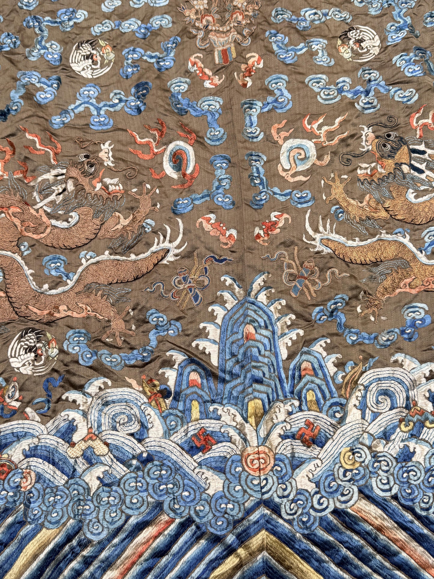 Antique Qing Dynasty Embroidered Silk Dragon Robe Textile Fragment - 19th C.
