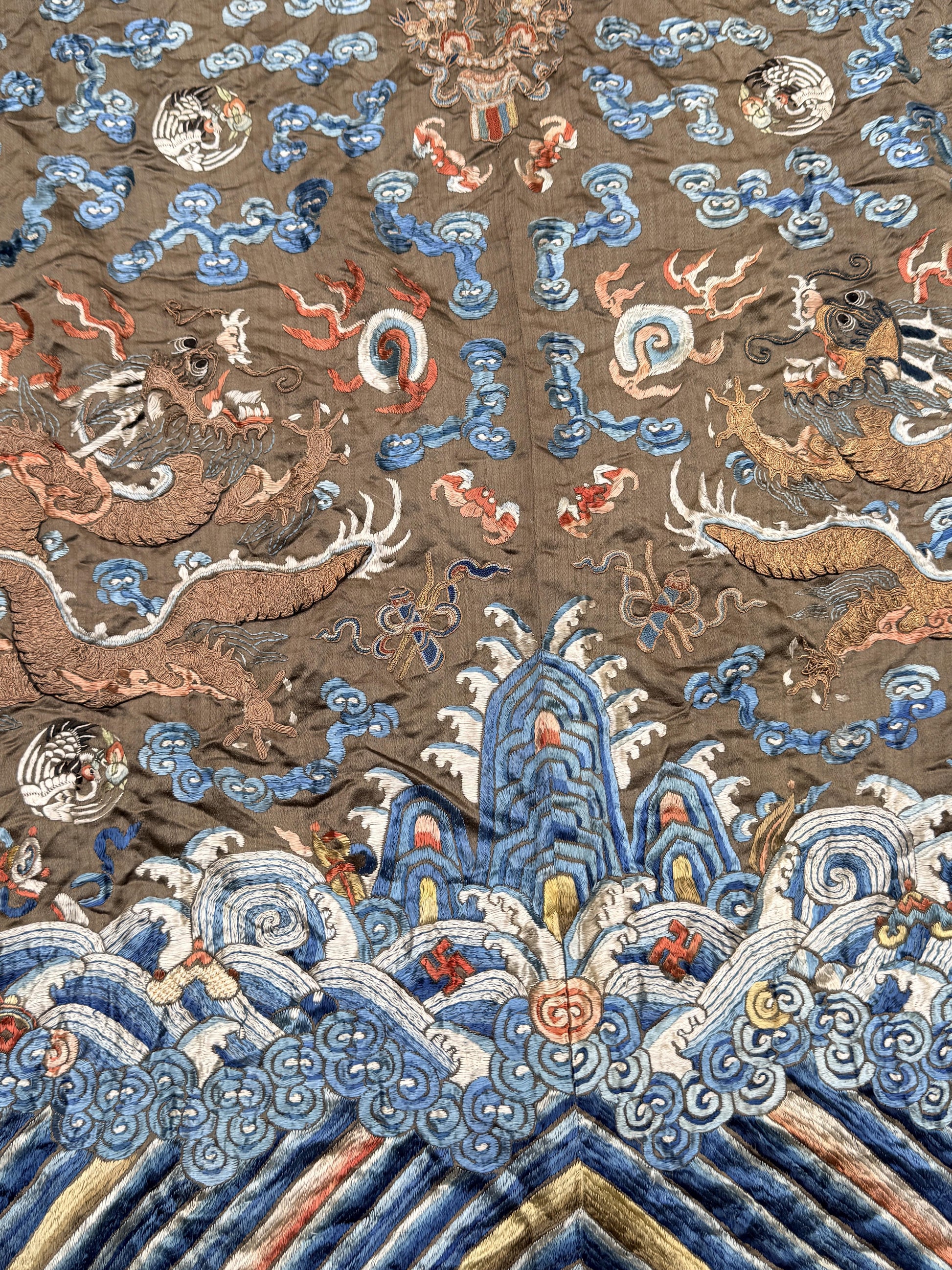 Antique Qing Dynasty Embroidered Silk Dragon Robe Textile Fragment - 19th C.