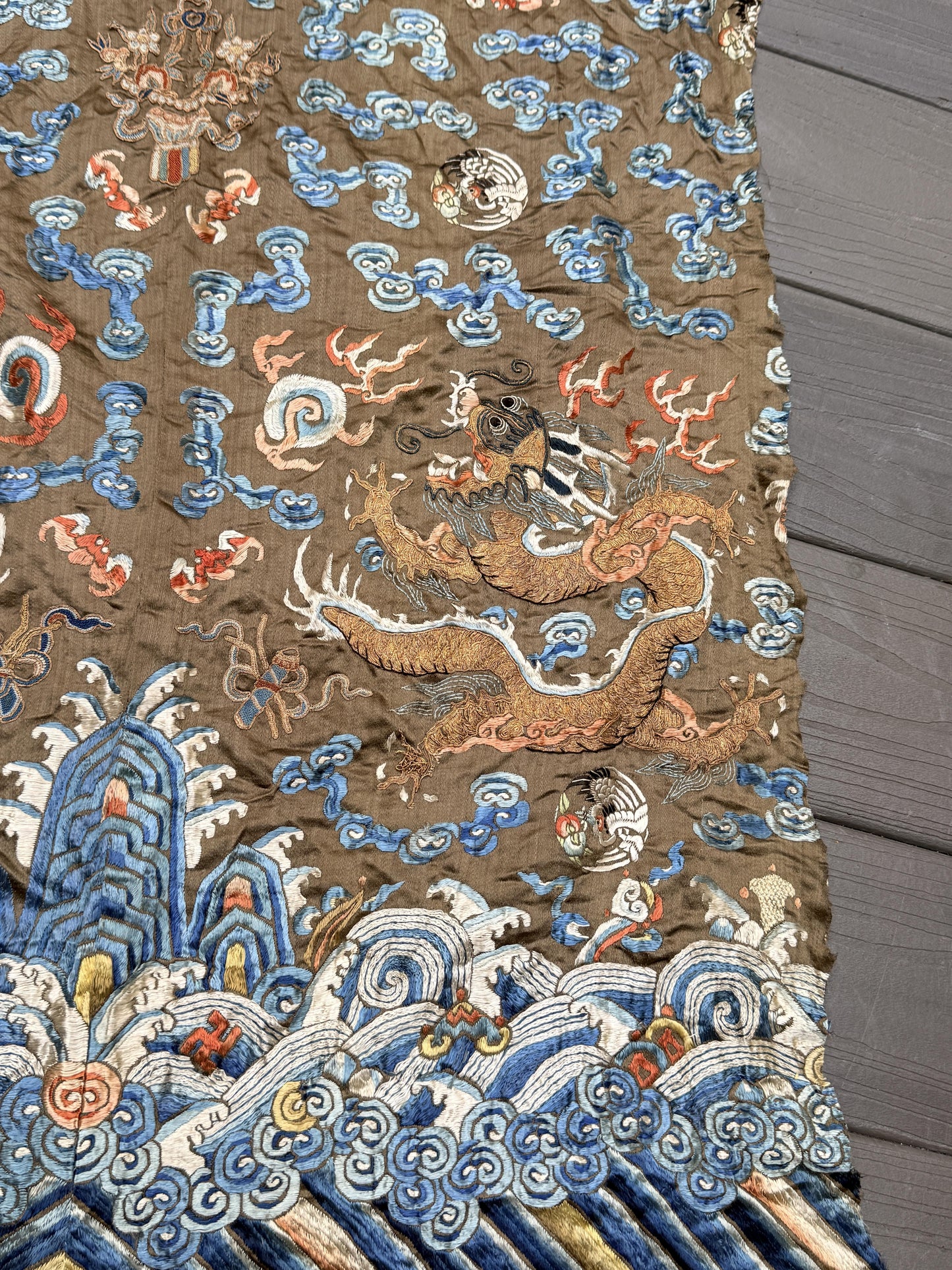 Antique Qing Dynasty Embroidered Silk Dragon Robe Textile Fragment - 19th C.