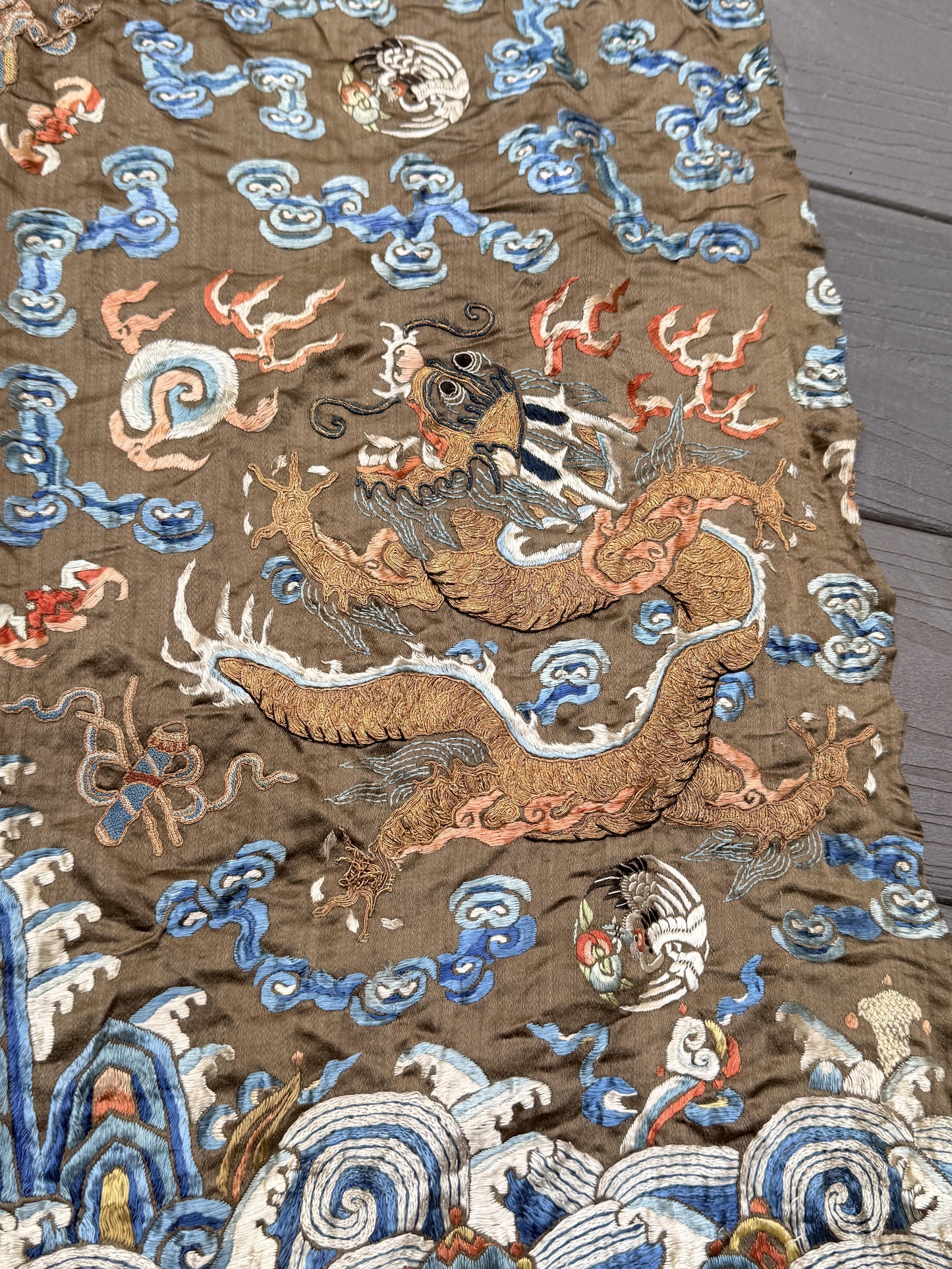 Antique Qing Dynasty Embroidered Silk Dragon Robe Textile Fragment - 19th C.