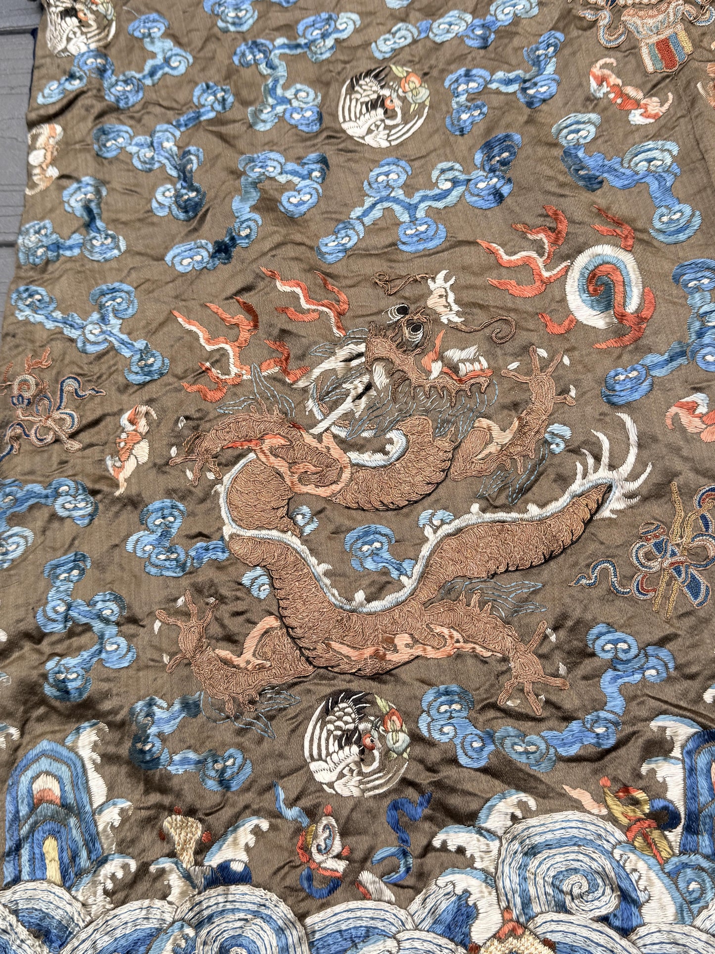 Antique Qing Dynasty Embroidered Silk Dragon Robe Textile Fragment - 19th C.