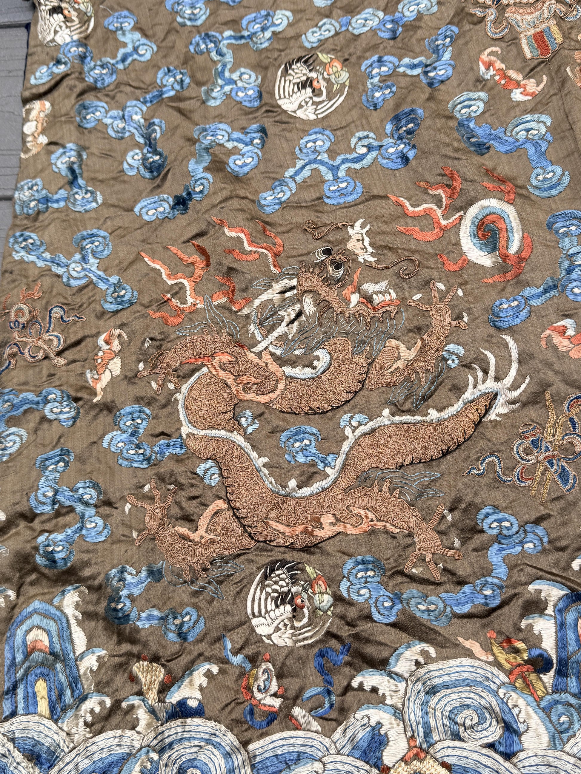 Antique Qing Dynasty Embroidered Silk Dragon Robe Textile Fragment - 19th C.