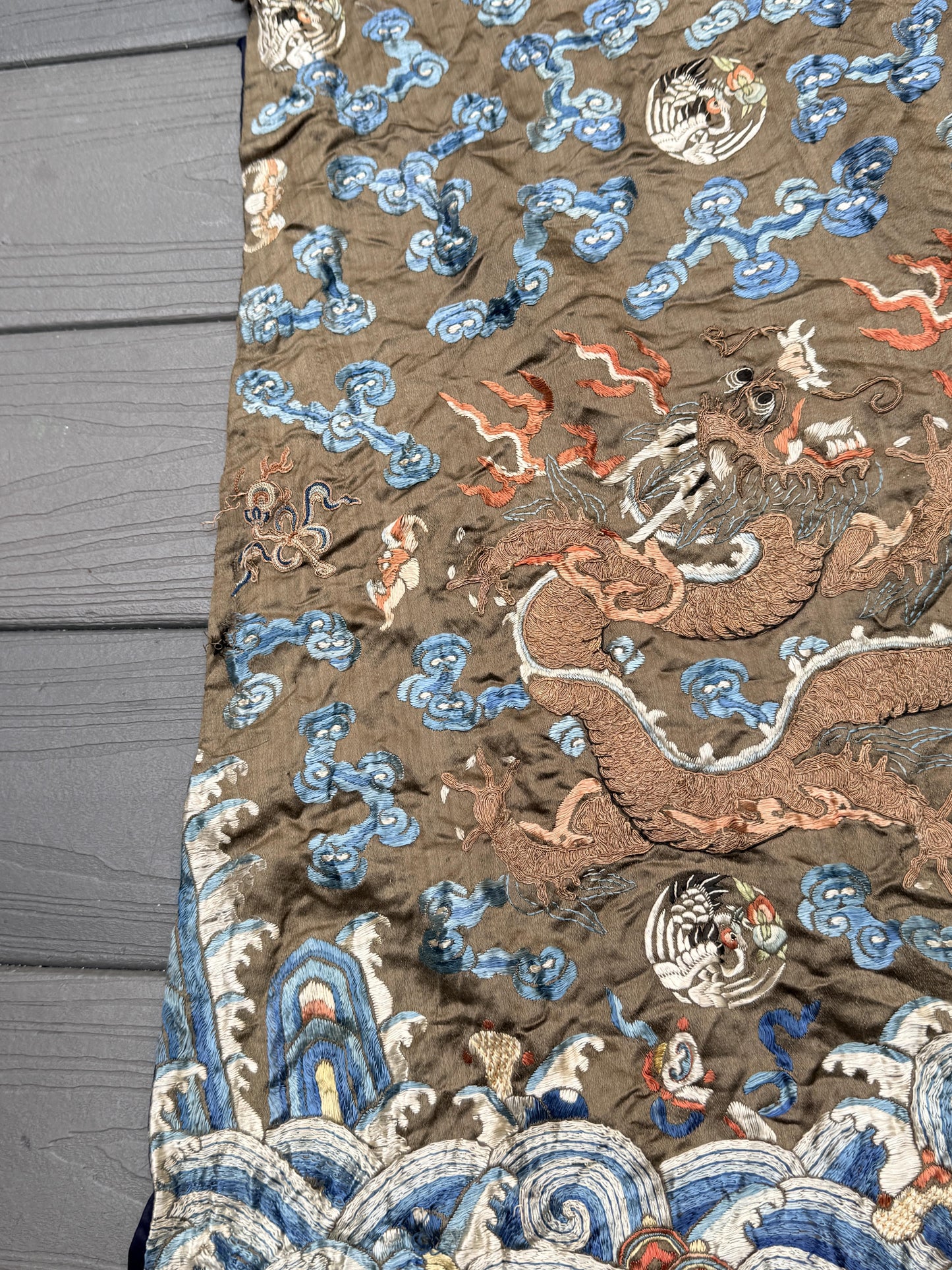 Antique Qing Dynasty Embroidered Silk Dragon Robe Textile Fragment - 19th C.