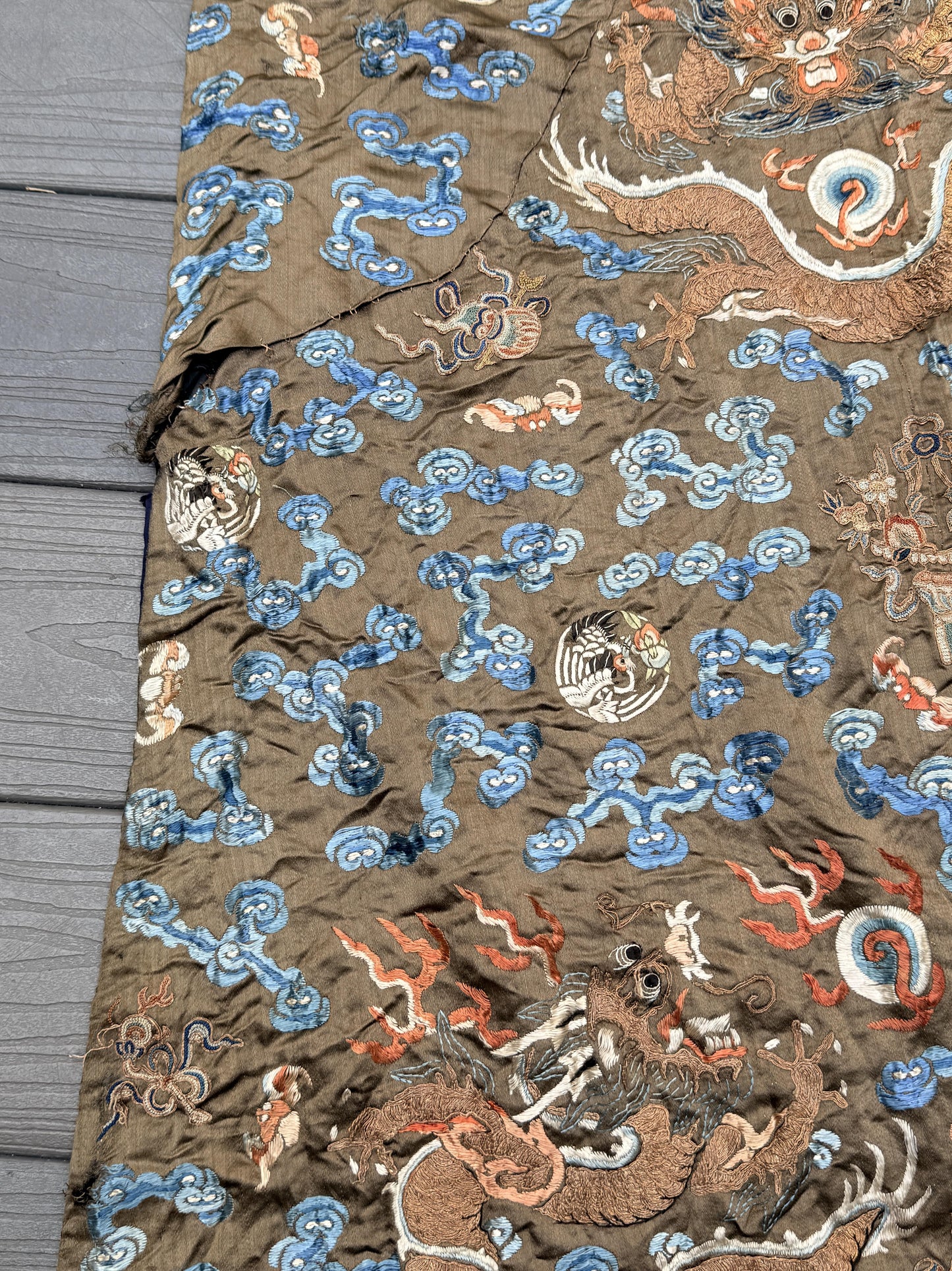 Antique Qing Dynasty Embroidered Silk Dragon Robe Textile Fragment - 19th C.