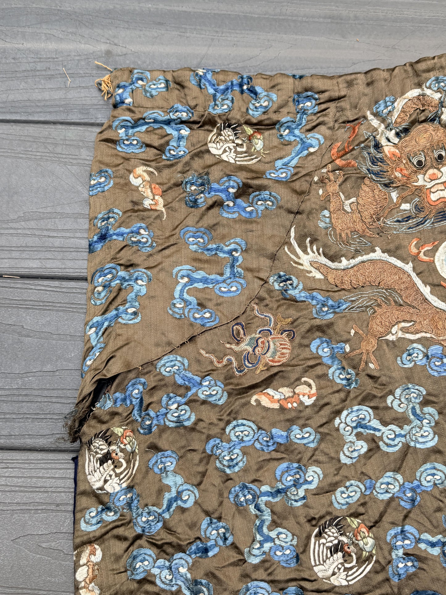 Antique Qing Dynasty Embroidered Silk Dragon Robe Textile Fragment - 19th C.