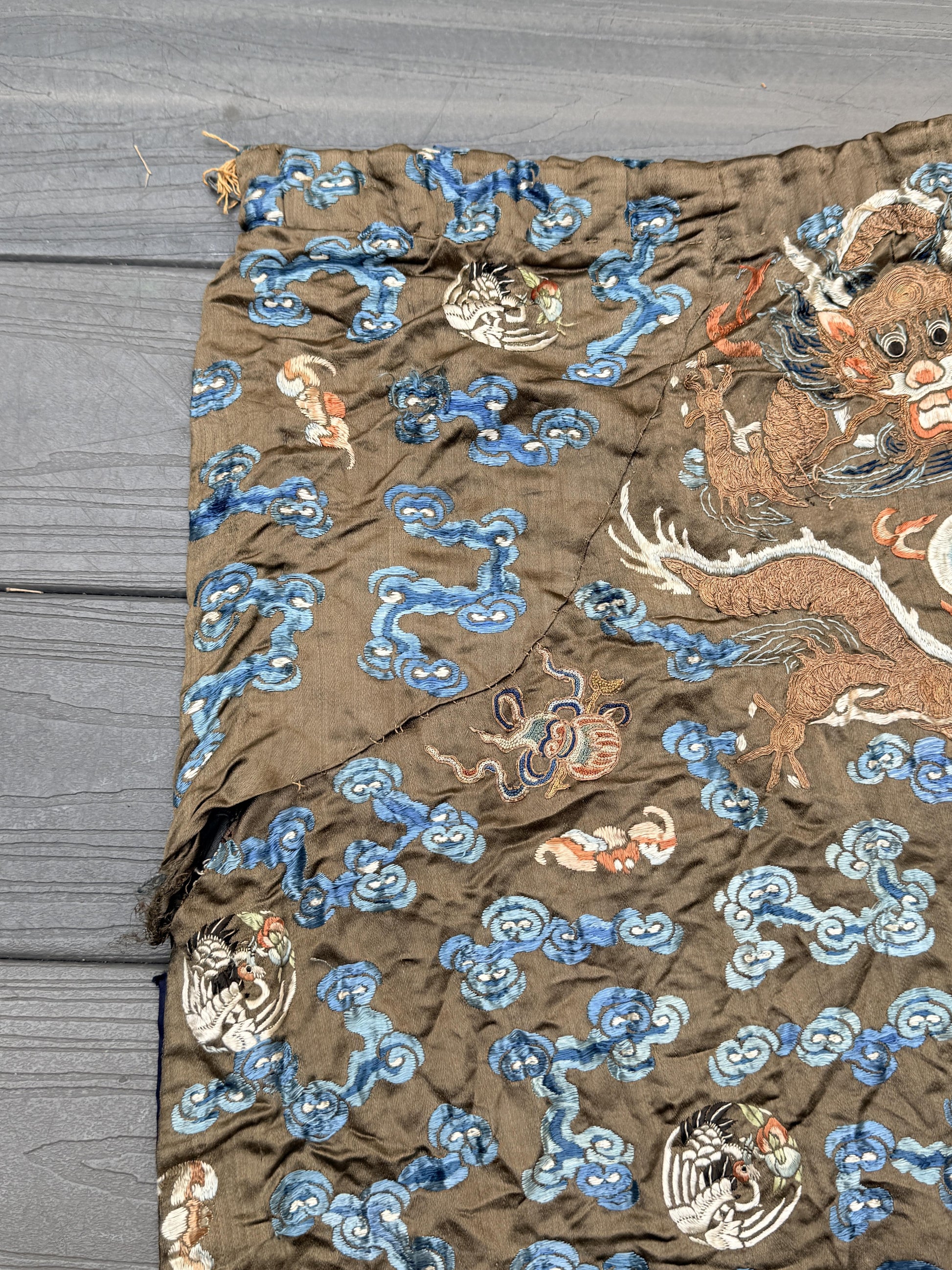 Antique Qing Dynasty Embroidered Silk Dragon Robe Textile Fragment - 19th C.
