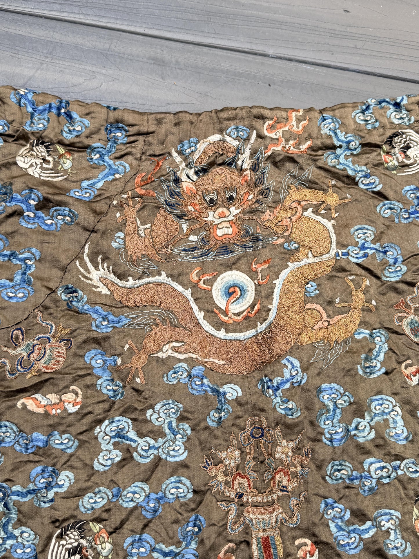 Antique Qing Dynasty Embroidered Silk Dragon Robe Textile Fragment - 19th C.