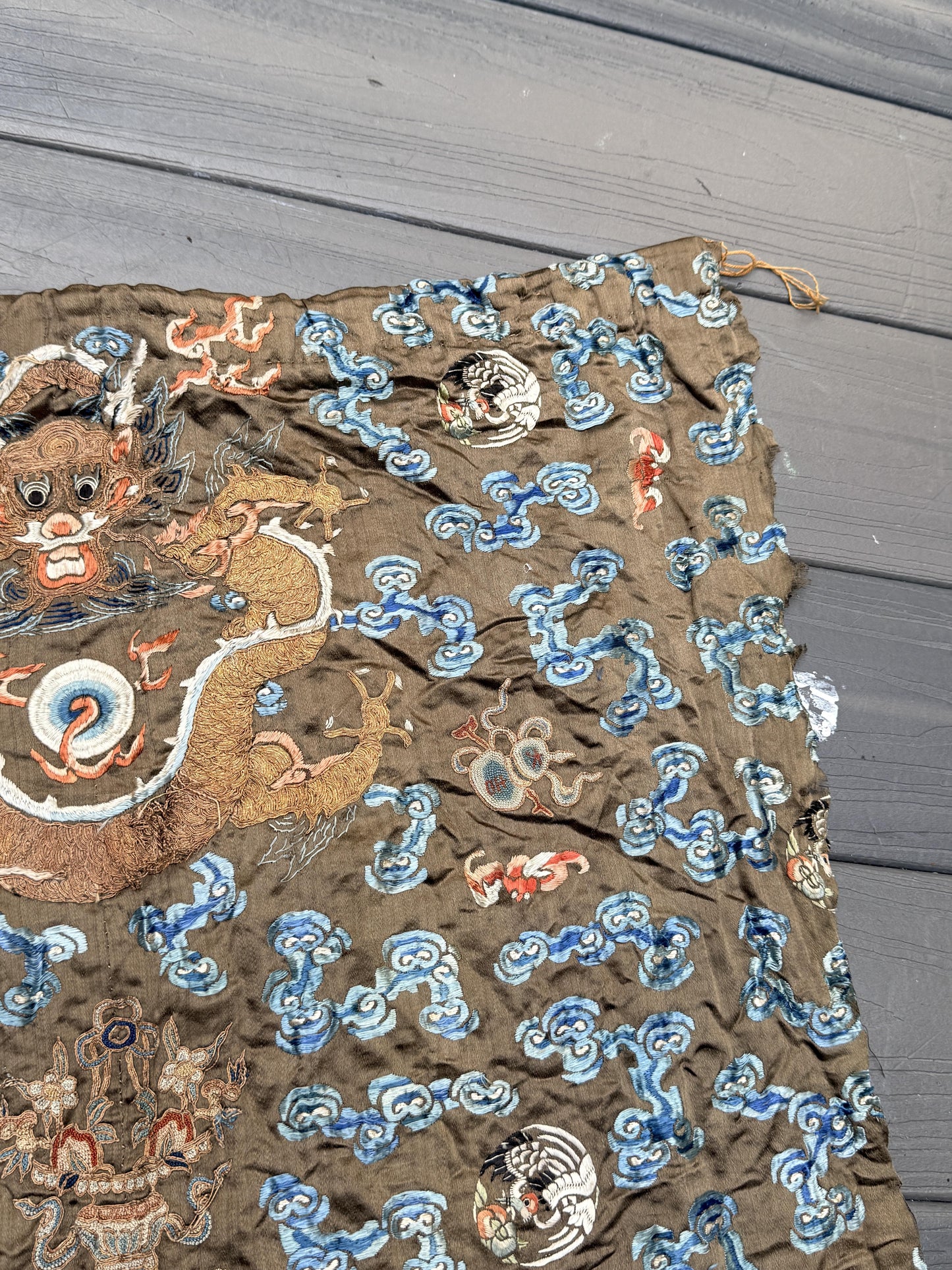 Antique Qing Dynasty Embroidered Silk Dragon Robe Textile Fragment - 19th C.