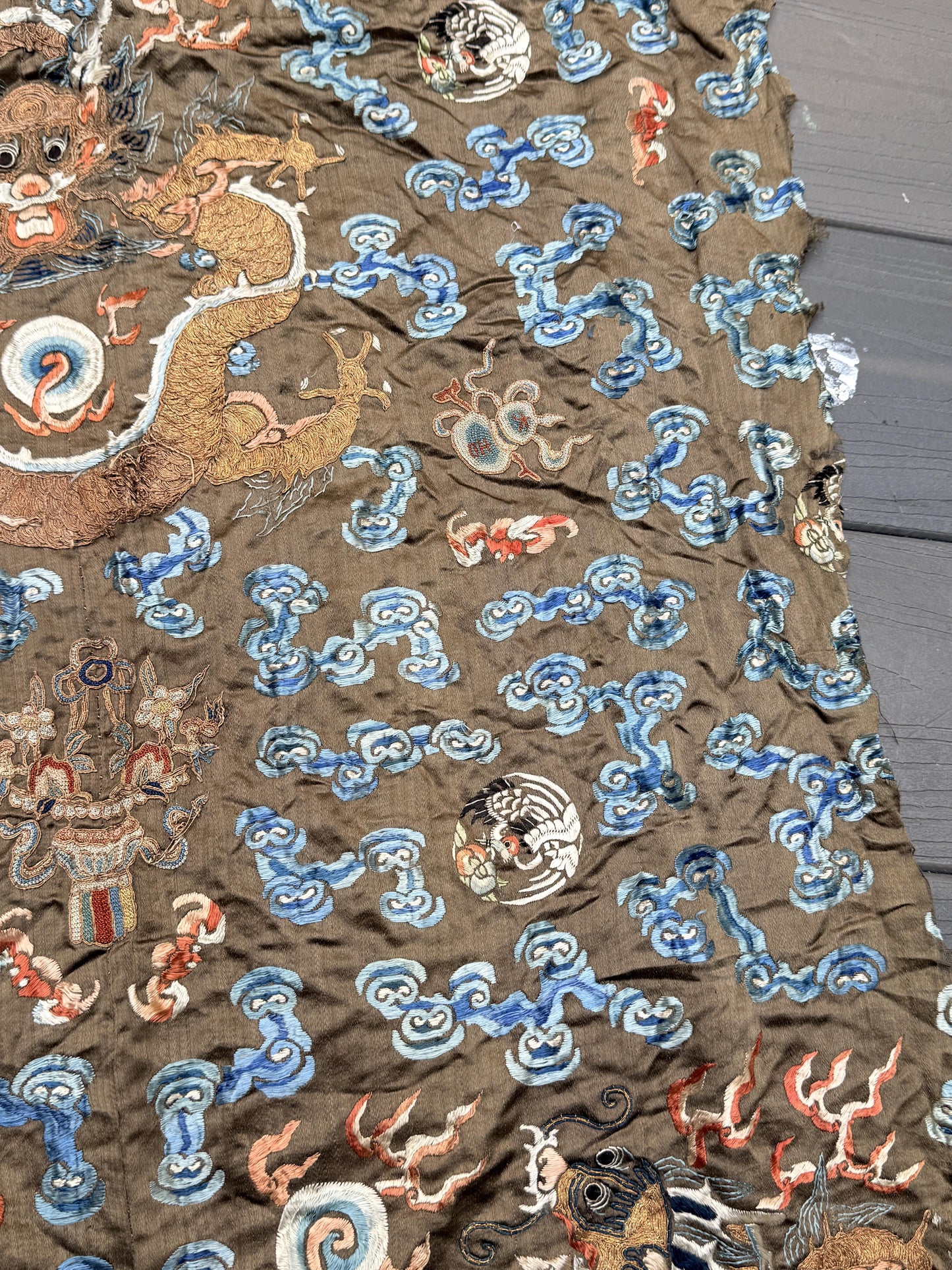 Antique Qing Dynasty Embroidered Silk Dragon Robe Textile Fragment - 19th C.
