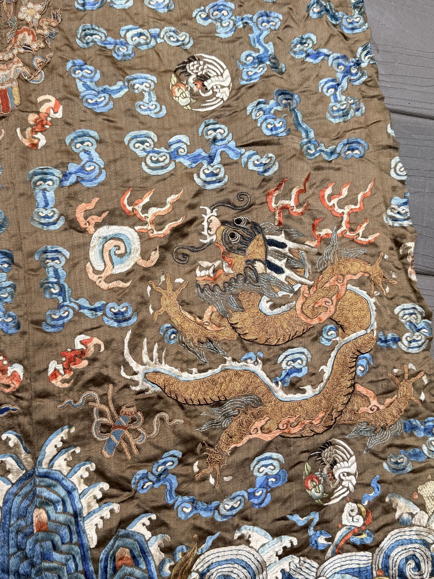 Antique Qing Dynasty Embroidered Silk Dragon Robe Textile Fragment - 19th C.