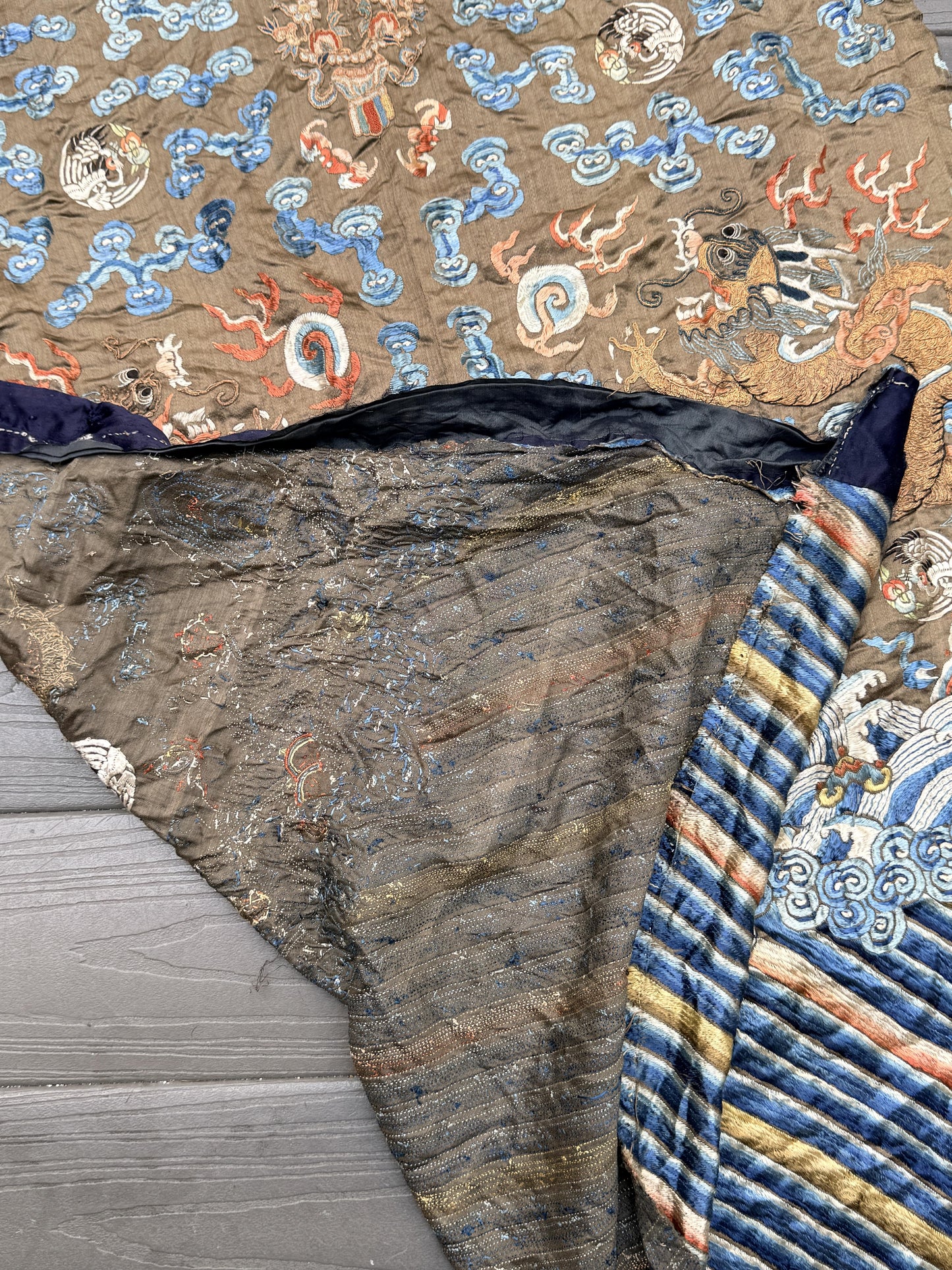 Antique Qing Dynasty Embroidered Silk Dragon Robe Textile Fragment - 19th C.