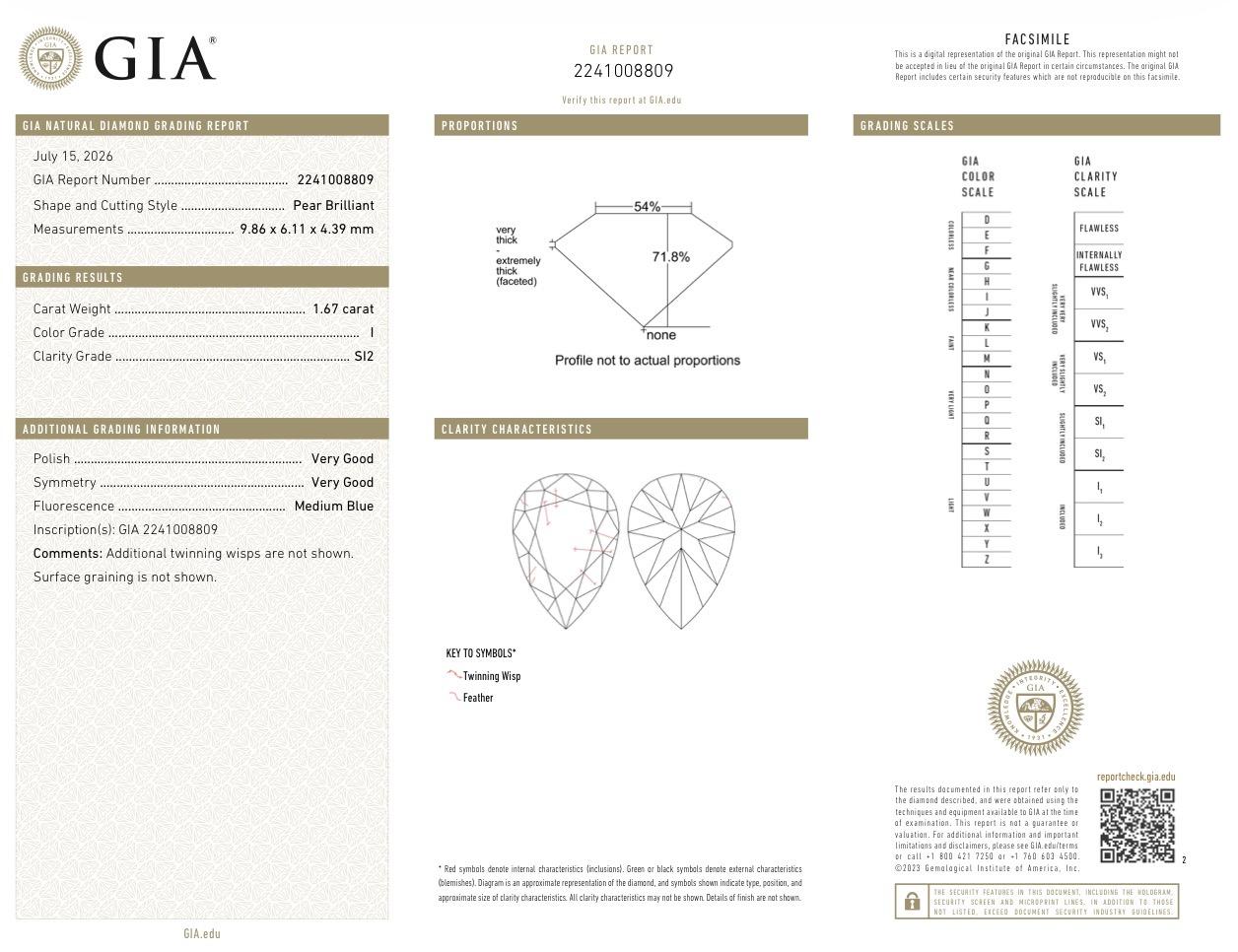 GIA Certified 1.67 Ct Pear Shape Natural Loose Diamond - I Color SI2 Clarity
