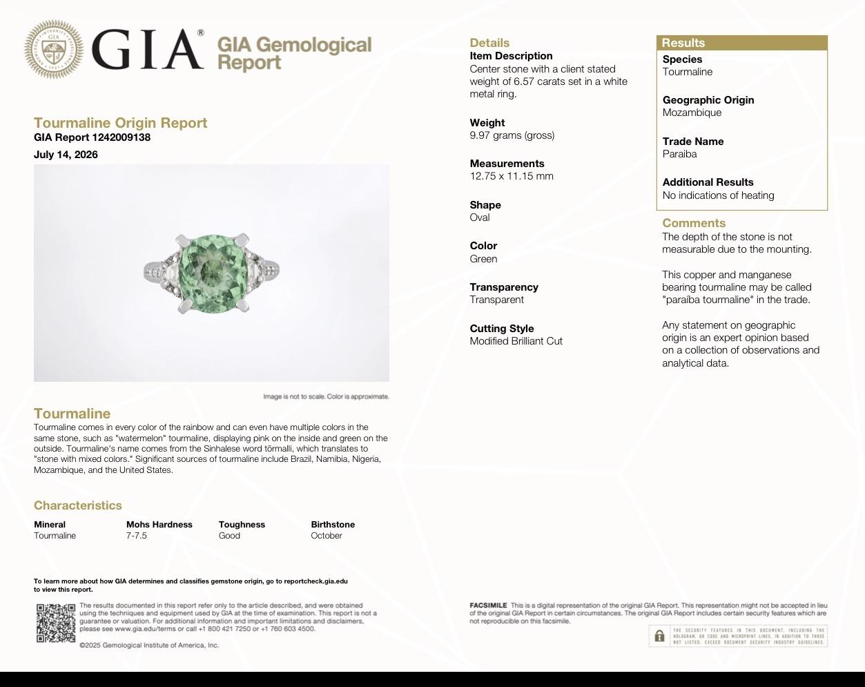 Rare GIA 6.57 Ct Unheated Natural Green Paraiba Tourmaline & Diamond Ring 18K