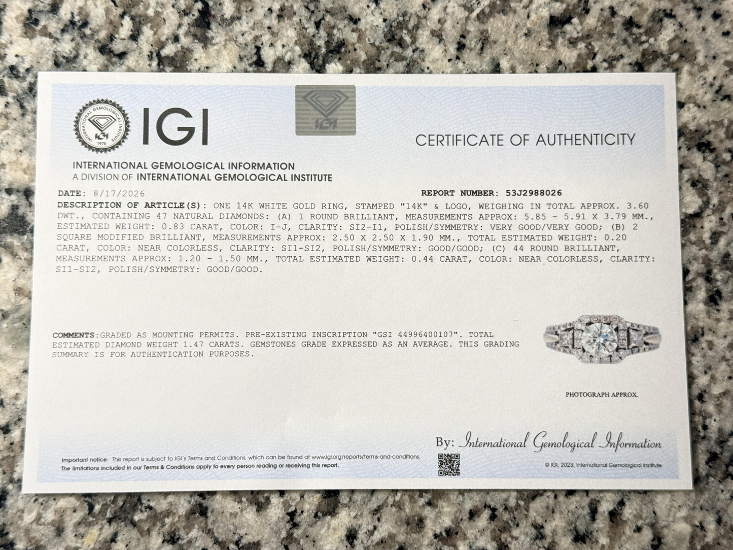 14K White Gold Halo Diamond Engagement Ring 1.47 TCW IGI Certified