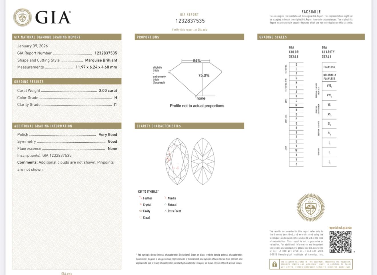 2.00ct Marquise Brilliant Diamond | Natural H Color | Loose Stone GIA Certified