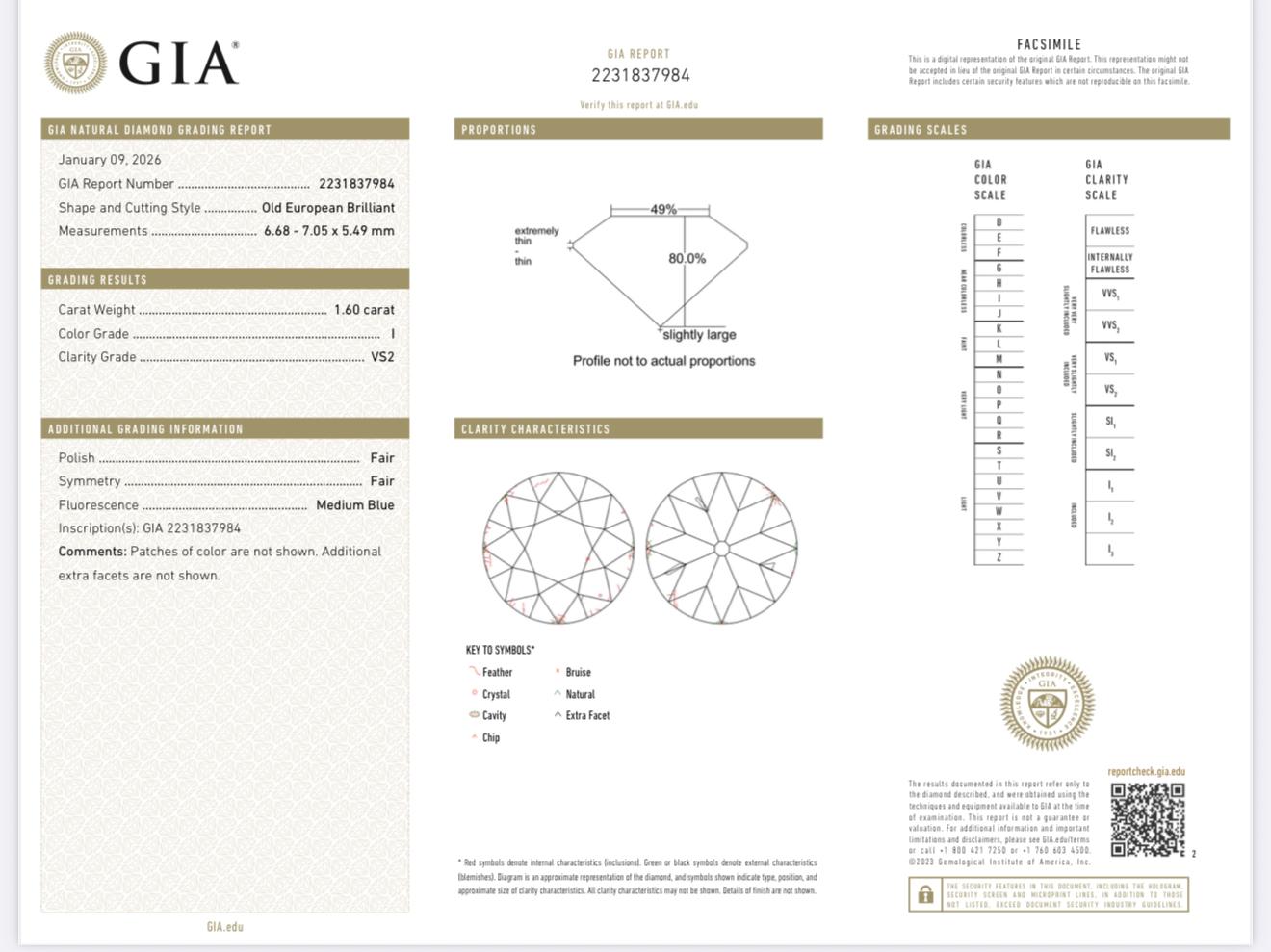 1.60ct GIA Old European Cut Diamond | Natural I VS2 | Antique Loose Stone