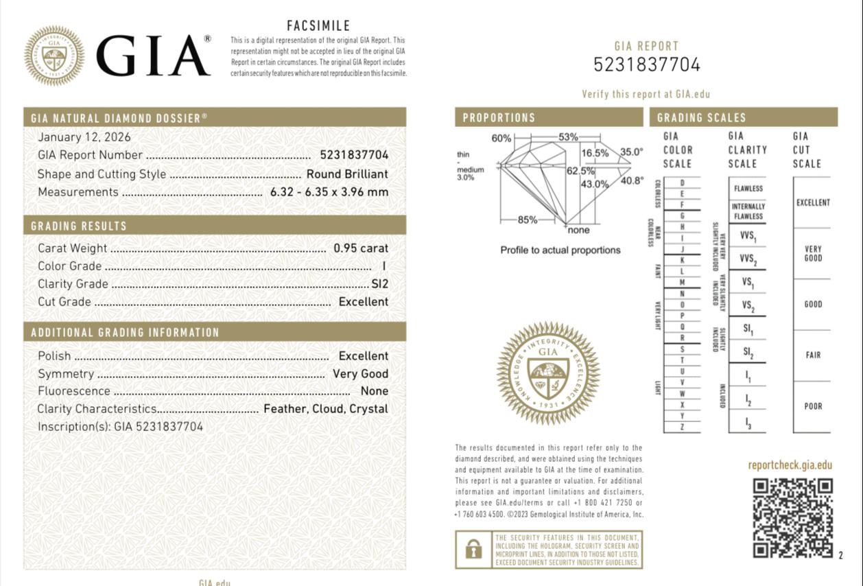 GIA Certified 0.95ct Round Brilliant Diamond | Natural I Color SI2 Excellent