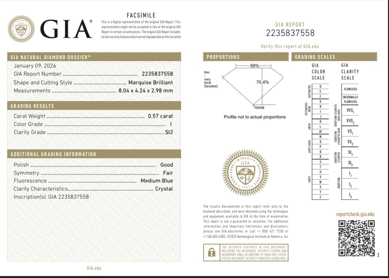 GIA Certified 0.57ct Marquise Brilliant Diamond | Natural I Color SI2