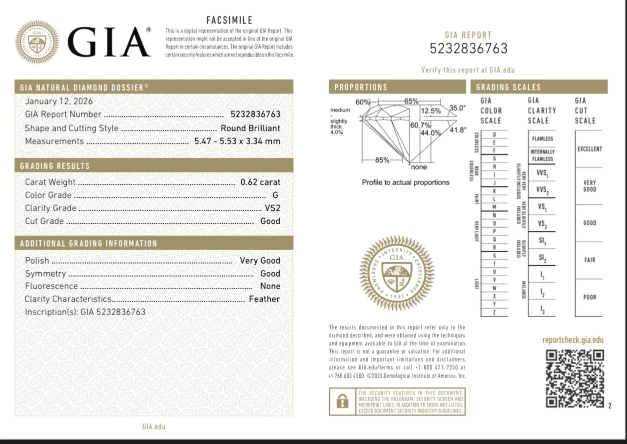 GIA Certified 0.62ct Round Brilliant Diamond | Natural G Color VS2