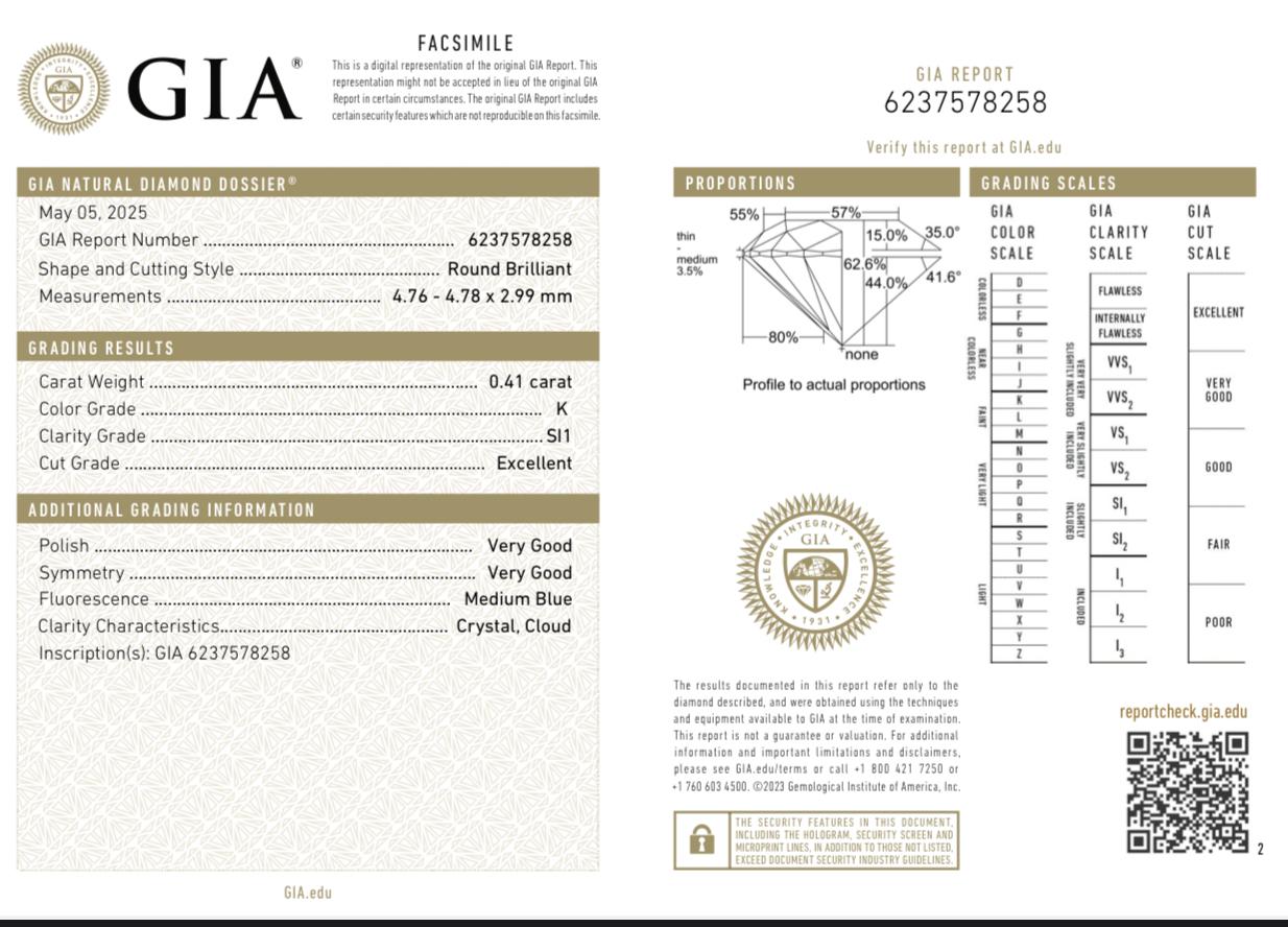 GIA Certified 0.41ct Round Brilliant Diamond | Natural K SI1 Excellent