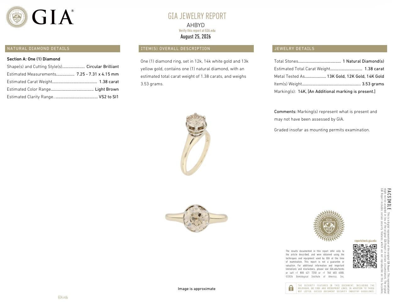 GIA Certified 1.38 Carat Antique Art Deco Period Solitaire Ring Size 6