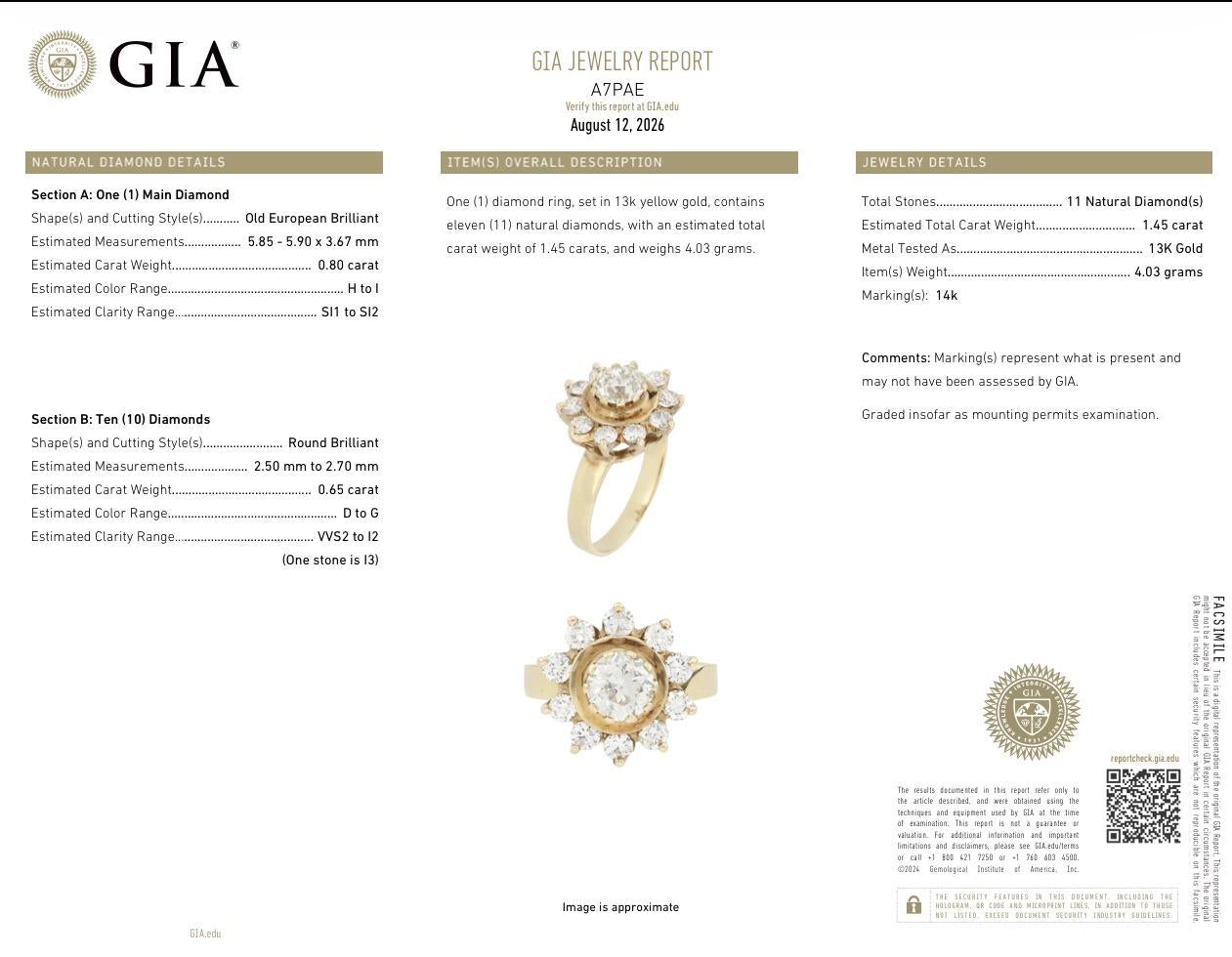 GIA Certified 1.45 CTW Antique Art Deco Old European Cut Diamond Cluster Ring