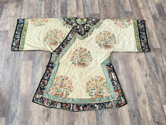 Antique Early 20th Century Chinese Silk Felt Robe with Embroidered Floral Design