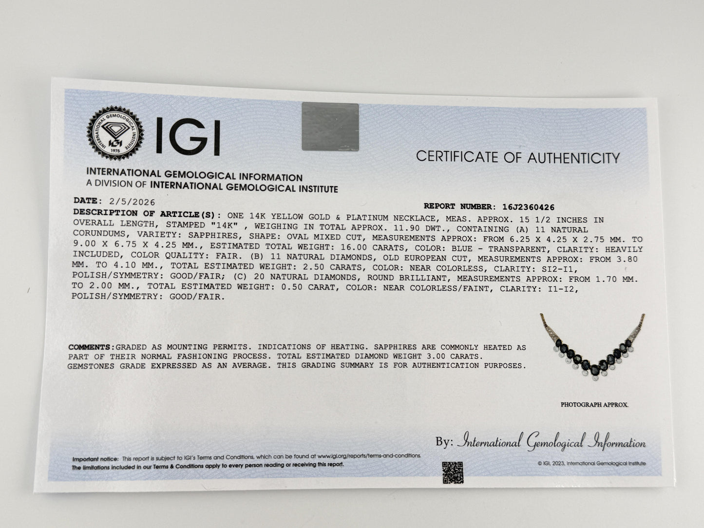 IGI Certified 14K Yellow Gold & Platinum Sapphire Diamond Necklace 19.00 CTW