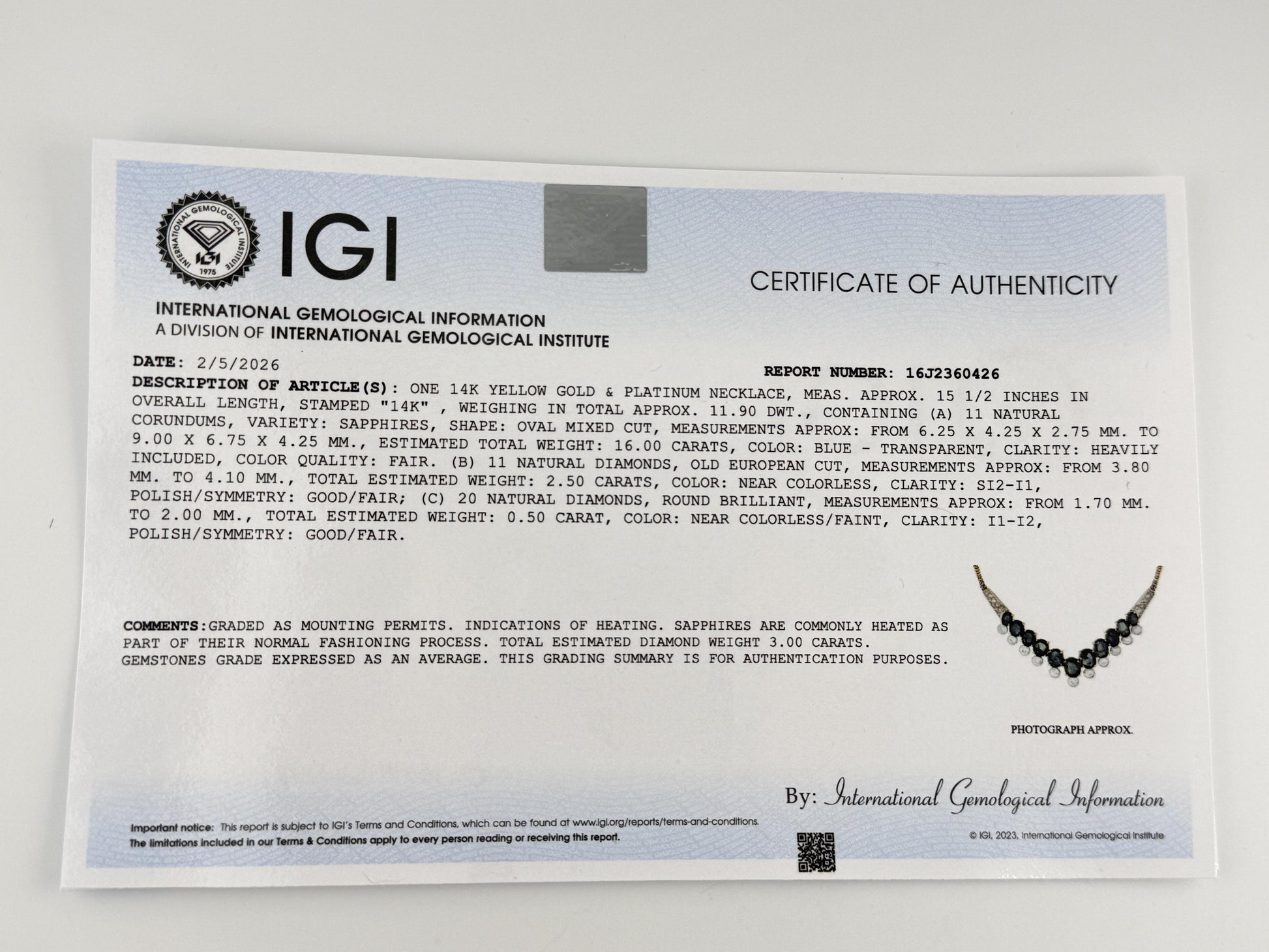 IGI Certified 14K Yellow Gold & Platinum Sapphire Diamond Necklace 19.00 CTW