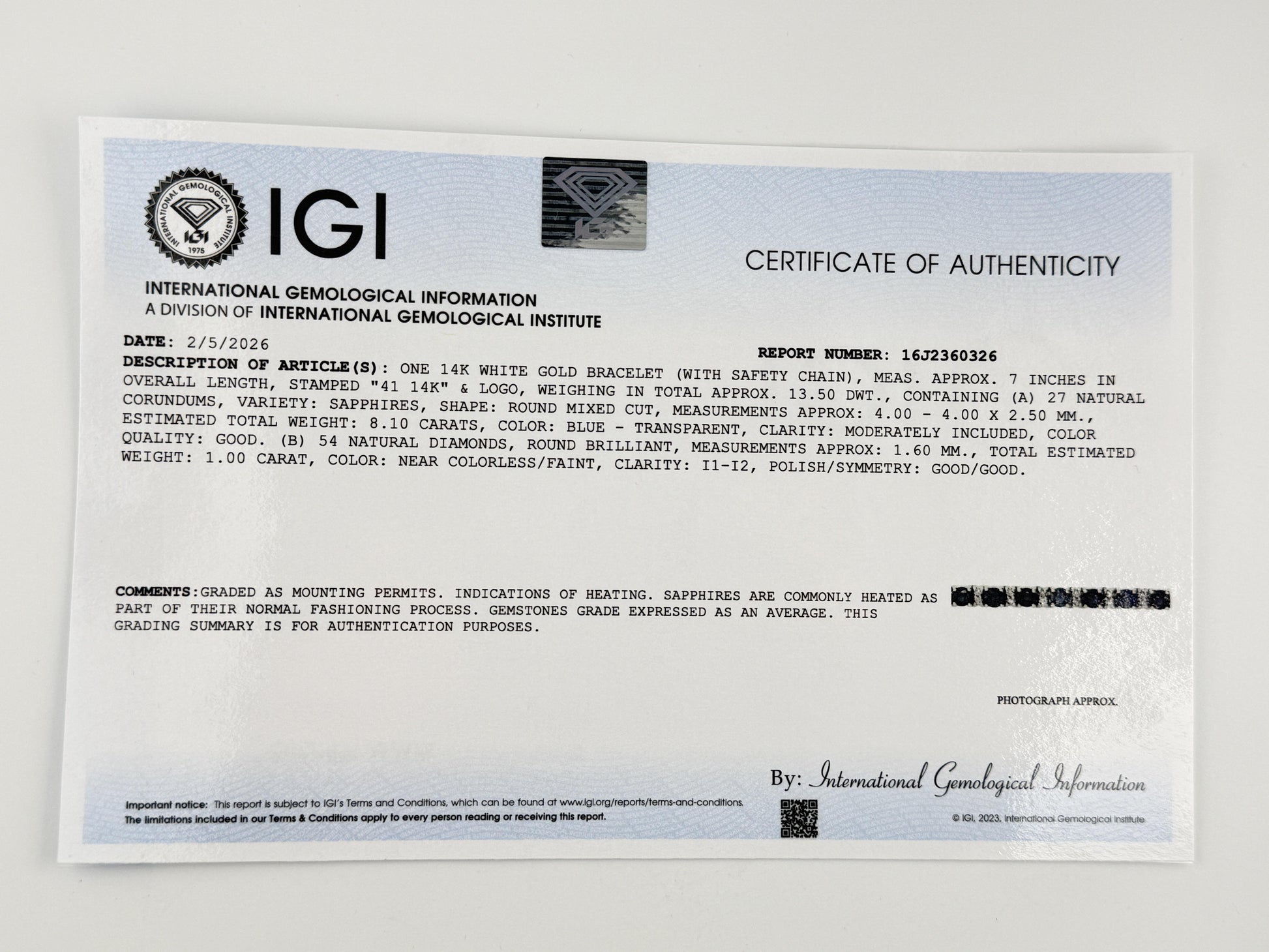 IGI Certified 14K White Gold Sapphire & Diamond Tennis Bracelet 9.10 CTW 7”