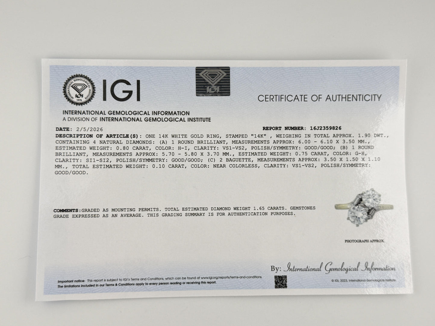 IGI Certified 14K White Gold Toi et Moi Natural Diamond Ring 1.65 CTW Size 5.25