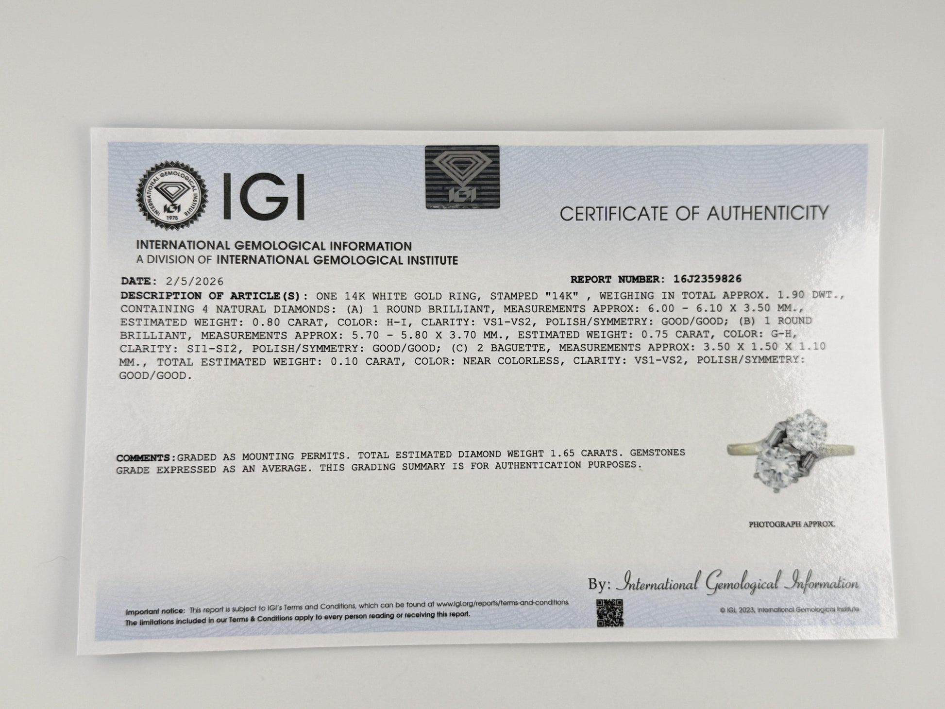 IGI Certified 14K White Gold Toi et Moi Natural Diamond Ring 1.65 CTW Size 5.25