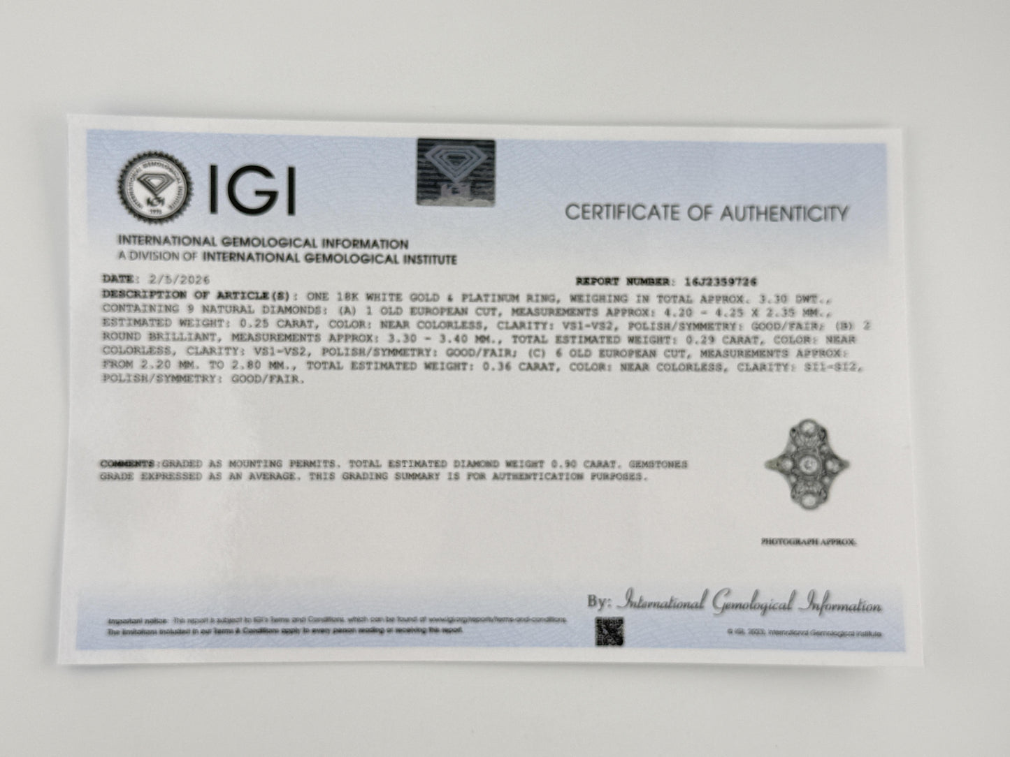 IGI Certified Art Deco 18K White Gold & Platinum Diamond Ring 0.90 CTW Size 7.25