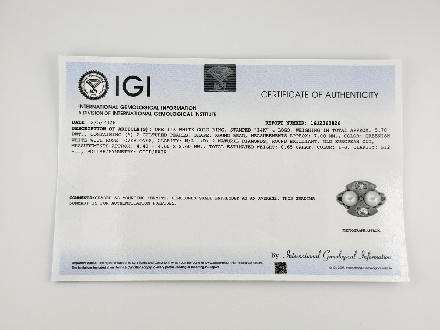 14K White Gold Pearl & Diamond Ring Art Deco Style 0.65 CTW Size 7