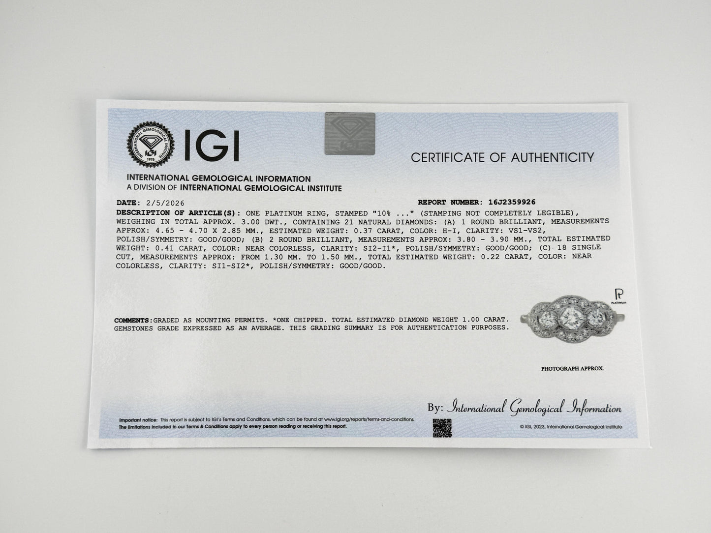 IGI Certified Vintage Platinum Diamond Ring 1.00 CTW Size 7.25