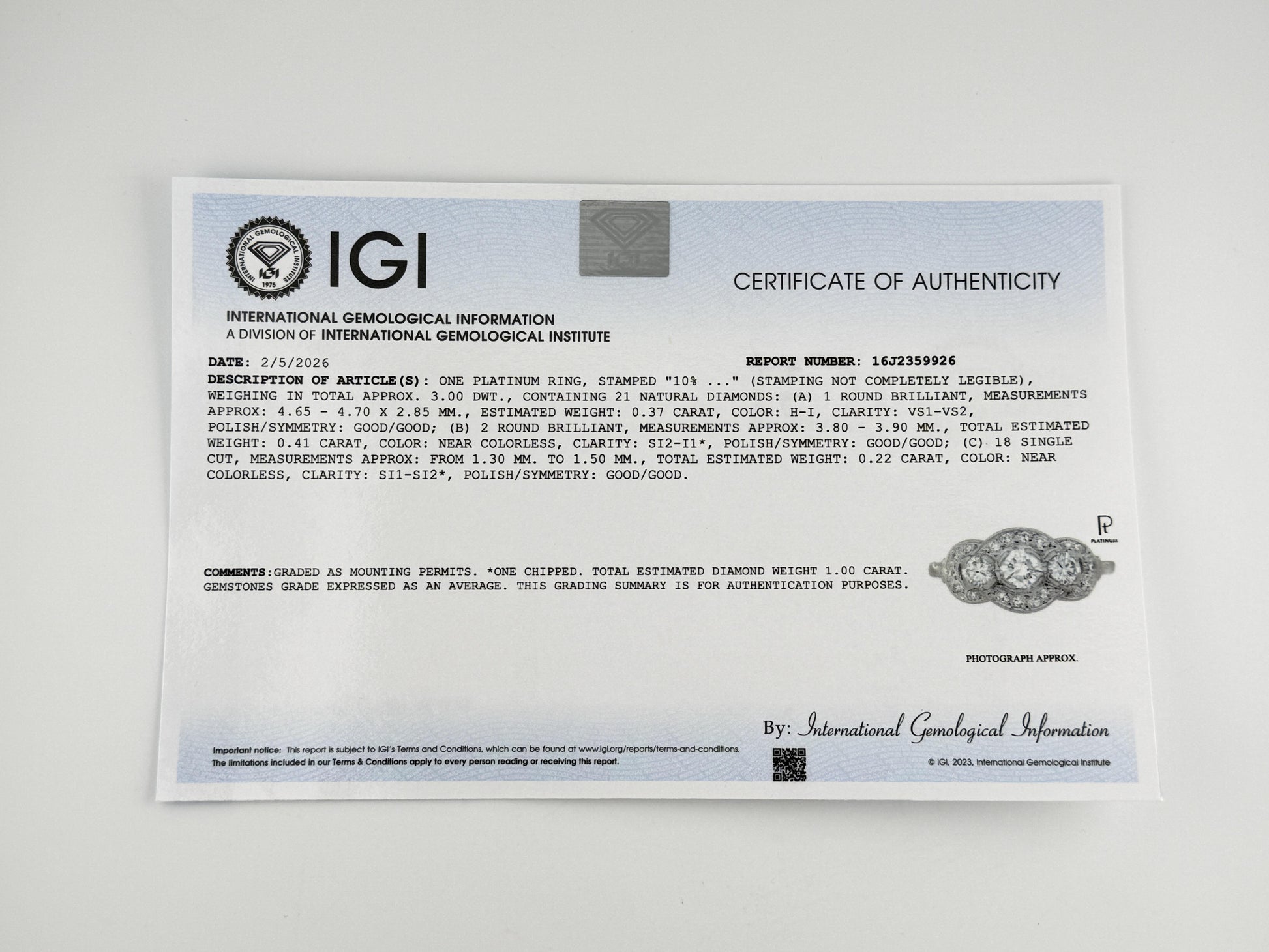 IGI Certified Vintage Platinum Diamond Ring 1.00 CTW Size 7.25