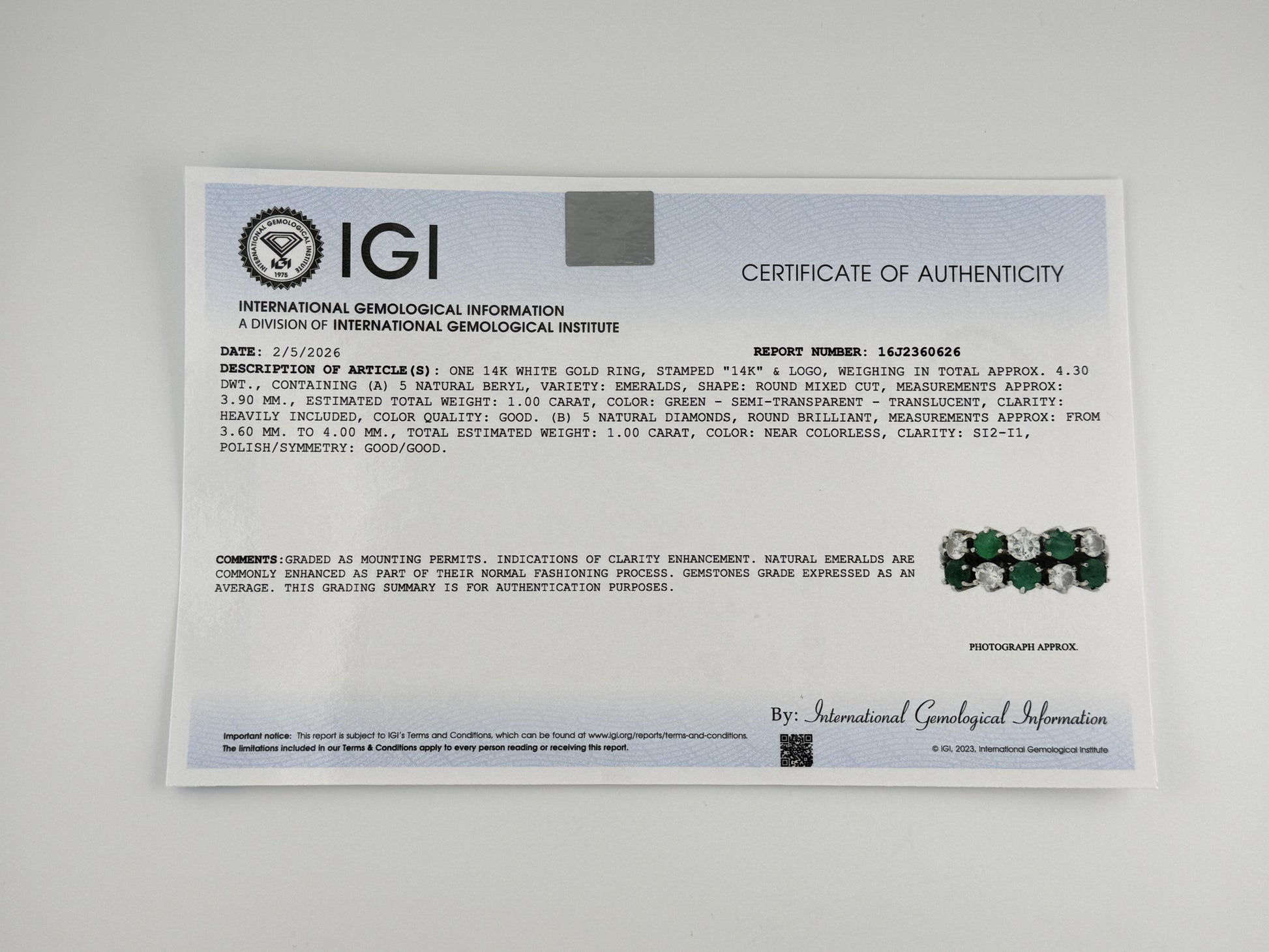 IGI Certified 14K White Gold Emerald & Diamond Ring 2.00 CTW Size 6.75