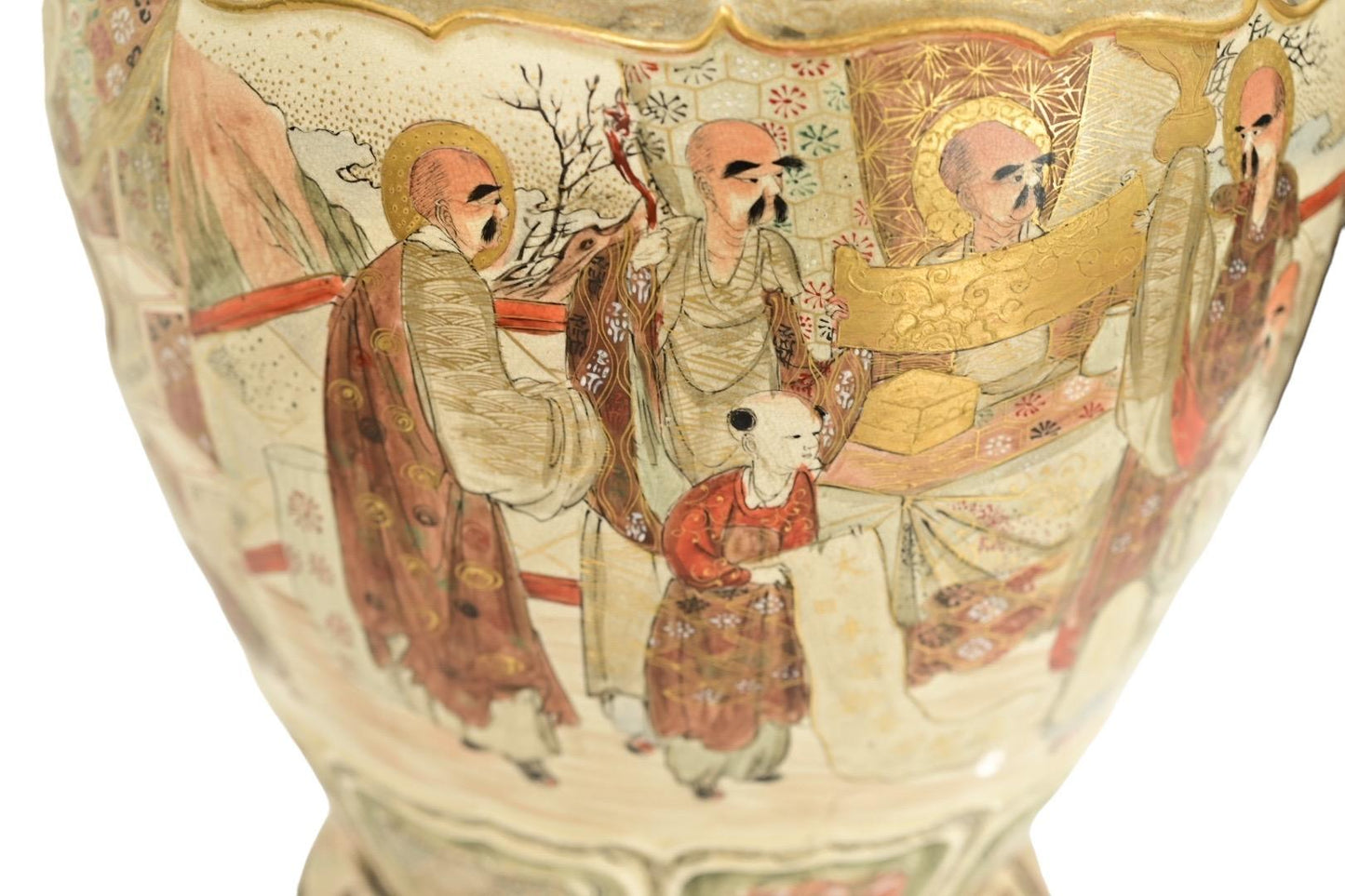 Massive Japanese Meiji Satsuma Temple Jar with ShiShi Lion Finial – Hand-Painted