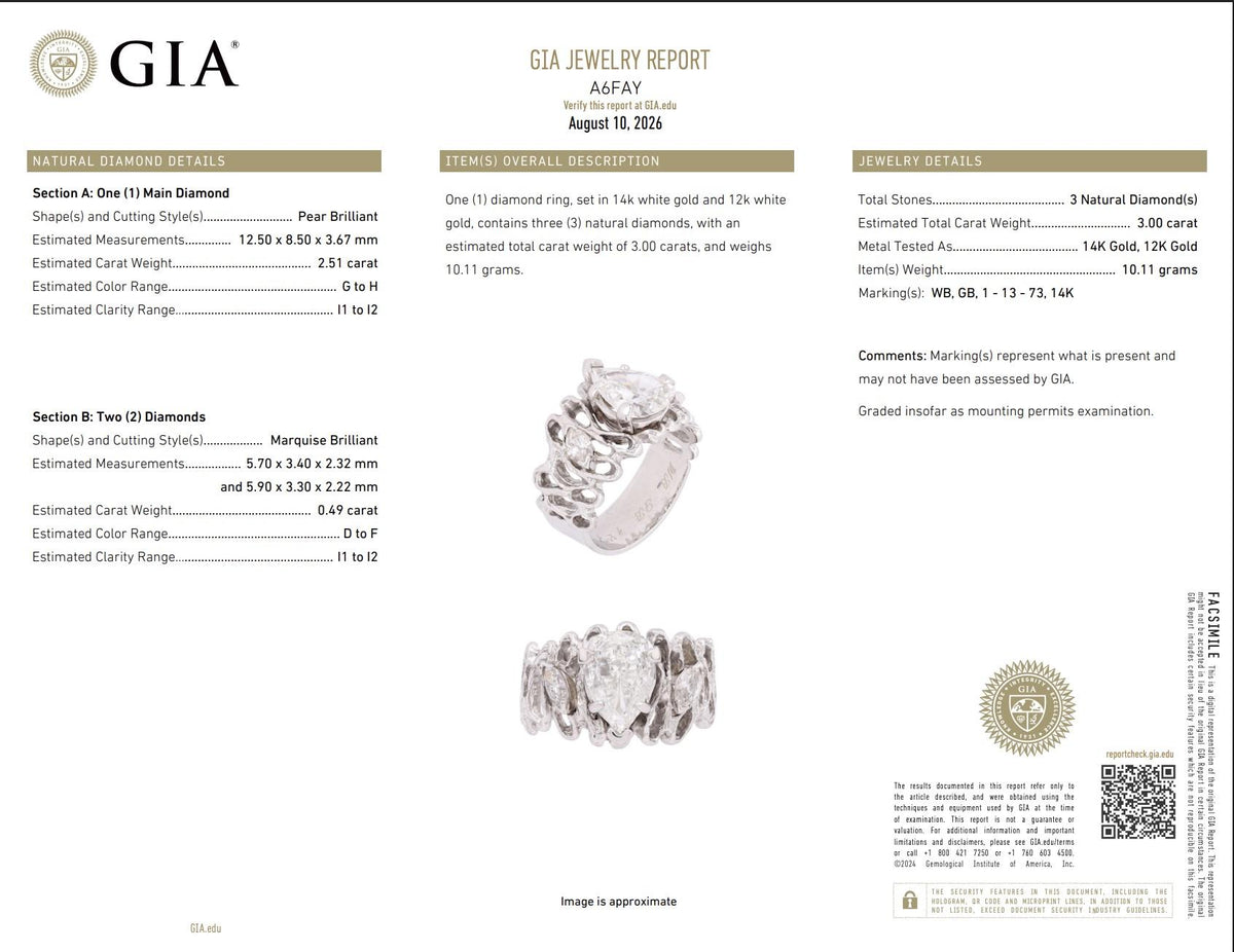 GIA Certified 2.80 CTW Pear & Marquise Diamond Three-Stone Ring in 14K Gold
