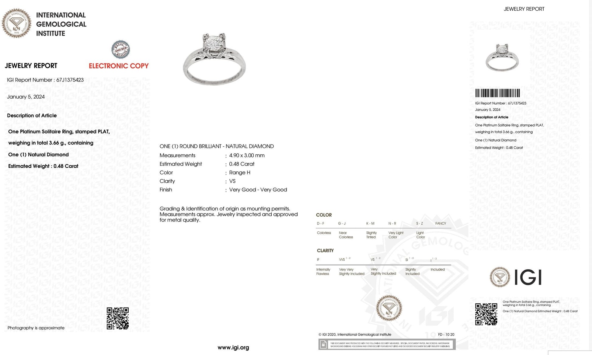 Platinum Diamond Solitaire Ring with .48ct VS Clarity Center IGI Certified